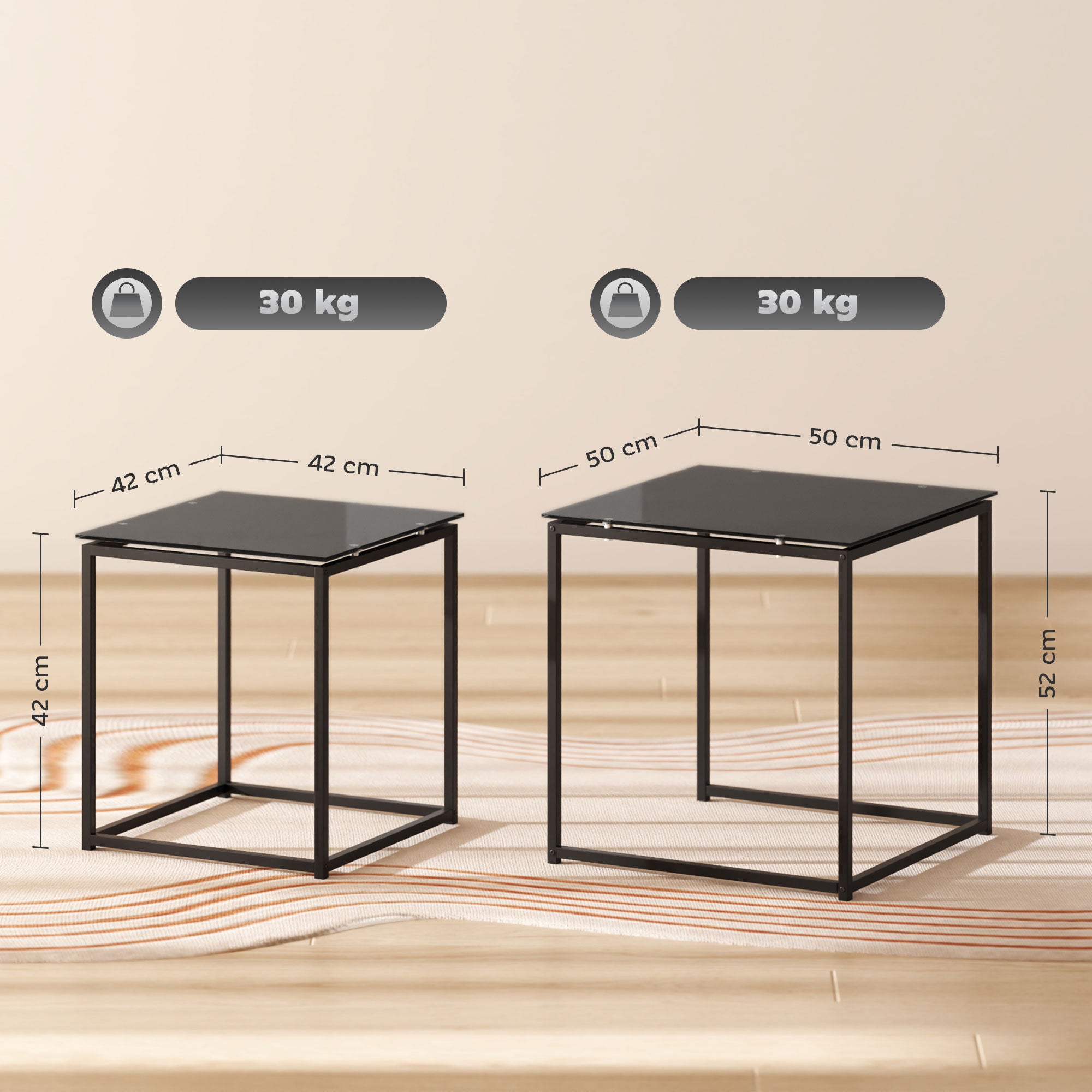 HOMCOM Nest of Tables, Set of 2 Coffee Table, Side Tables with Tempered Glass Desktop and Metal Frame for Living Room, Bedroom, Office, Black - North Peak Garden Furniture