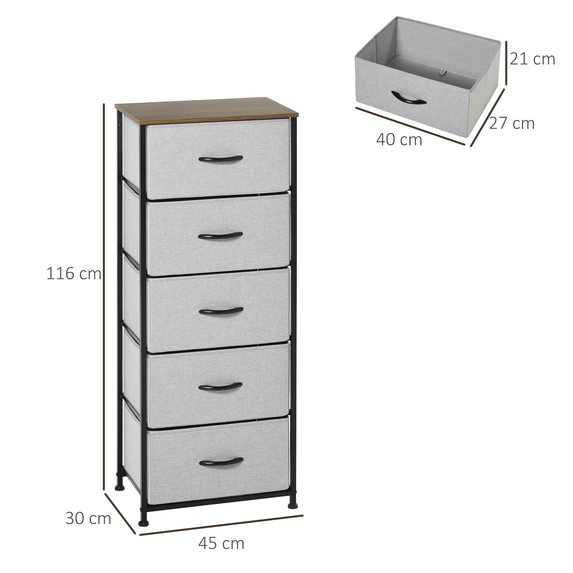 HOMCOM Fabric Chest of Drawers, Storage Drawers, Industrial Bedroom Dresser with 5 Fabric Drawers, Steel Frame and Wooden Top for Nursery, Living Room, Closet, Hallway, Grey - North Peak Garden Furniture