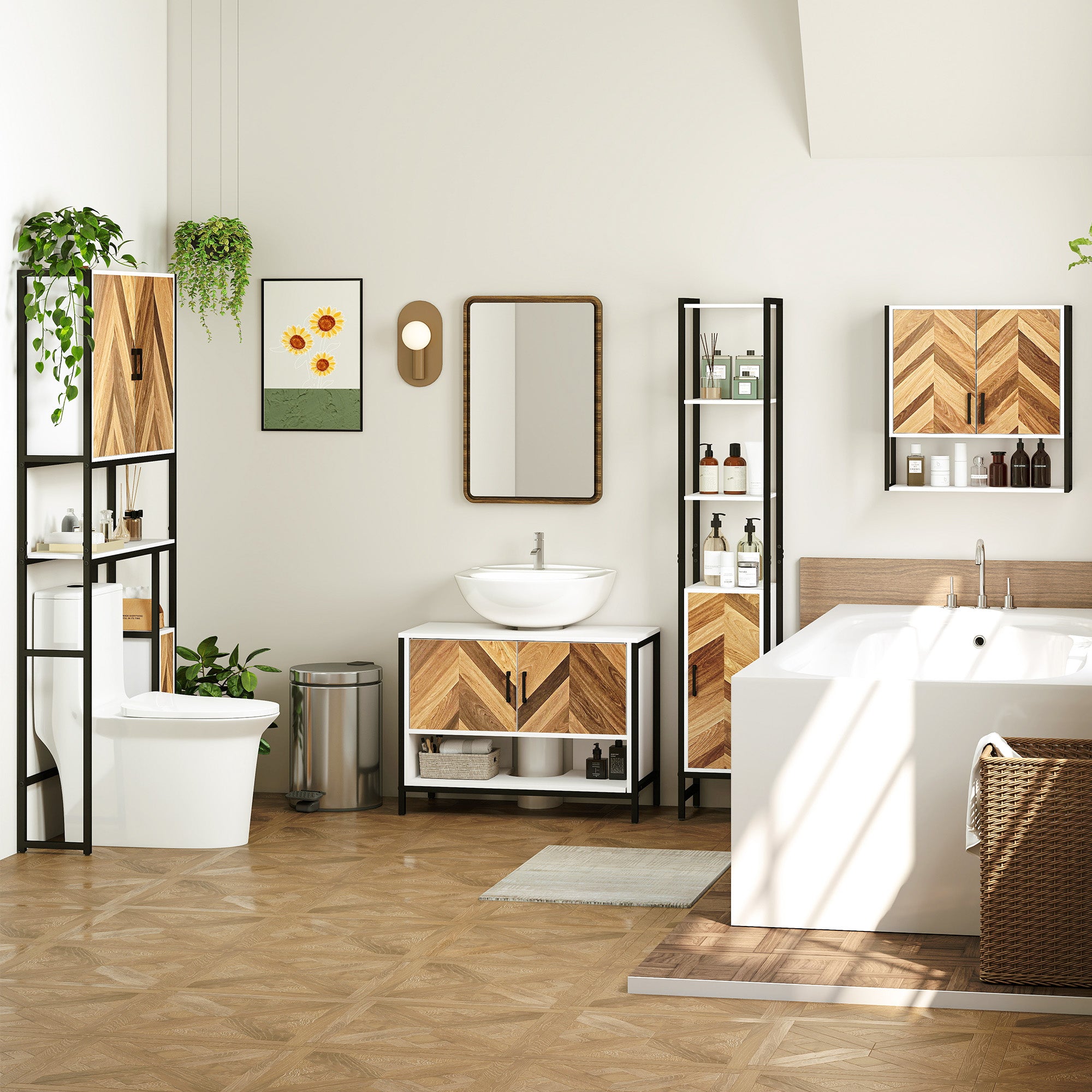 HOMCOM Under Sink Bathroom Cabinet, Rustic Under Sink Cabinet with Herringbone Doors and Open Compartment for Basin with or without Pedestal, 80 x 40 x 60cm, Cream White