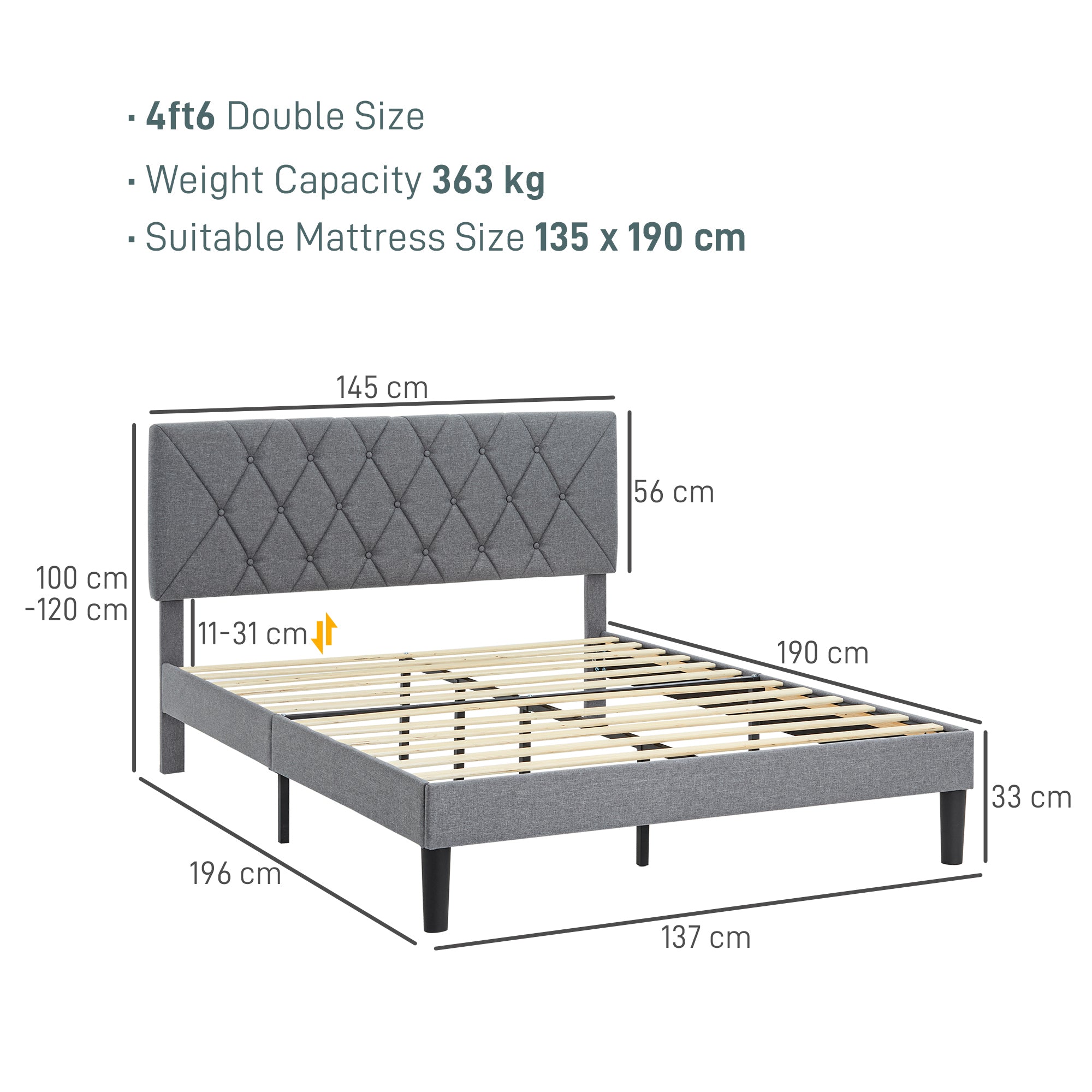 HOMCOM Double Bed Frame with 5-Level Adjustable Linen Upholstered Headboard, Wooden Slats Mattress Foundation, No Box Spring Needed, Grey - North Peak Garden Furniture