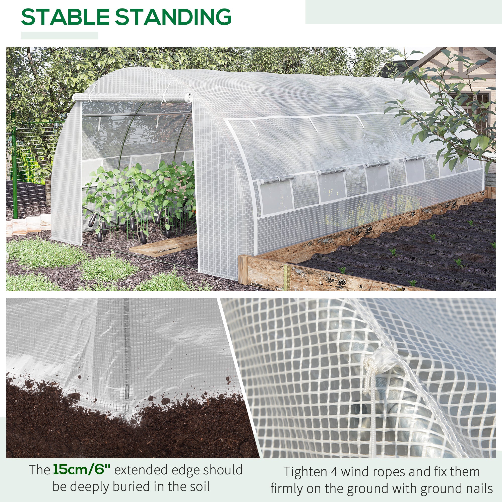 Outsunny 6 x 3 x 2 m Polytunnel Greenhouse with Roll-up Side Walls, Walk-in Grow House Tent with Steel Frame, Reinforced Cover, Zipped Door and 12 Mesh Windows for Garden, White - North Peak Garden Furniture