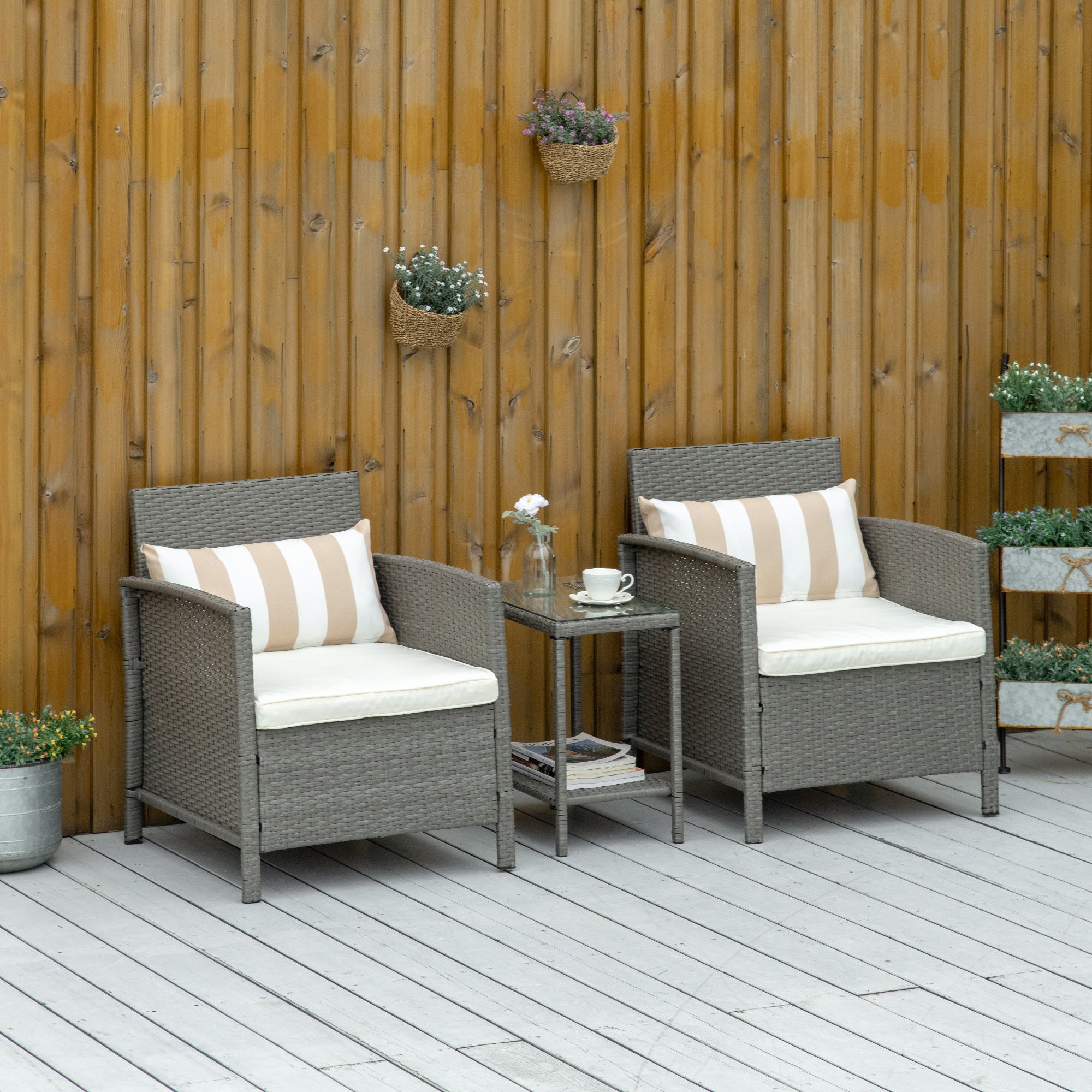 Outsunny 3 Pieces Rattan Bistro Set, Wicker Garden Furniture Set, Glass Top 2-tier Coffee Table and Chairs Set with Pillows and Washable Cushions for Outdoor, Patio, Balcony, Light Grey - North Peak Garden Furniture