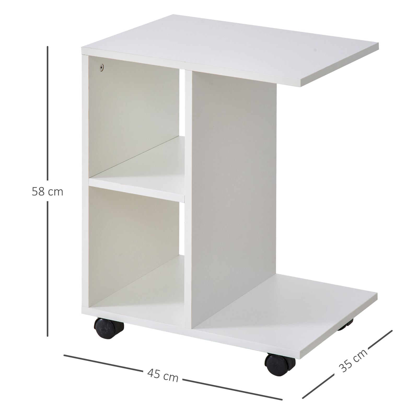 HOMCOM C-Shape End Table Unique Storage Unit w/ 2 Shelves 4 Wheels Freestanding Home Furniture Cabinet Square White - North Peak Garden Furniture