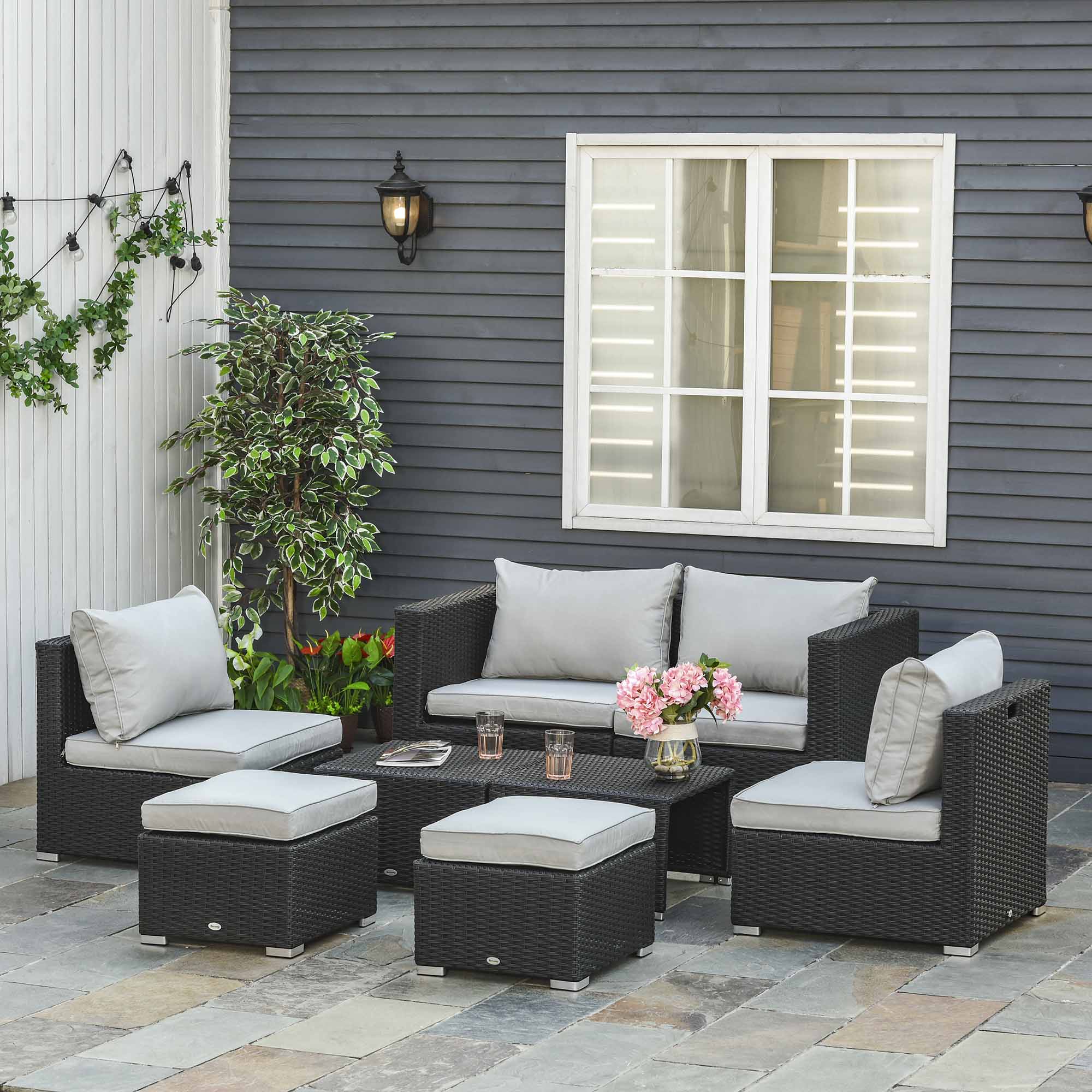 Outsunny 8 Pieces PE Rattan Sofa Set with Cushions, Garden Corner Sofa with 4 Seater Sofa, 2 Footstools and 2 Coffee Table Set, Space-saving Design, No Assembly Required, Black - North Peak Garden Furniture