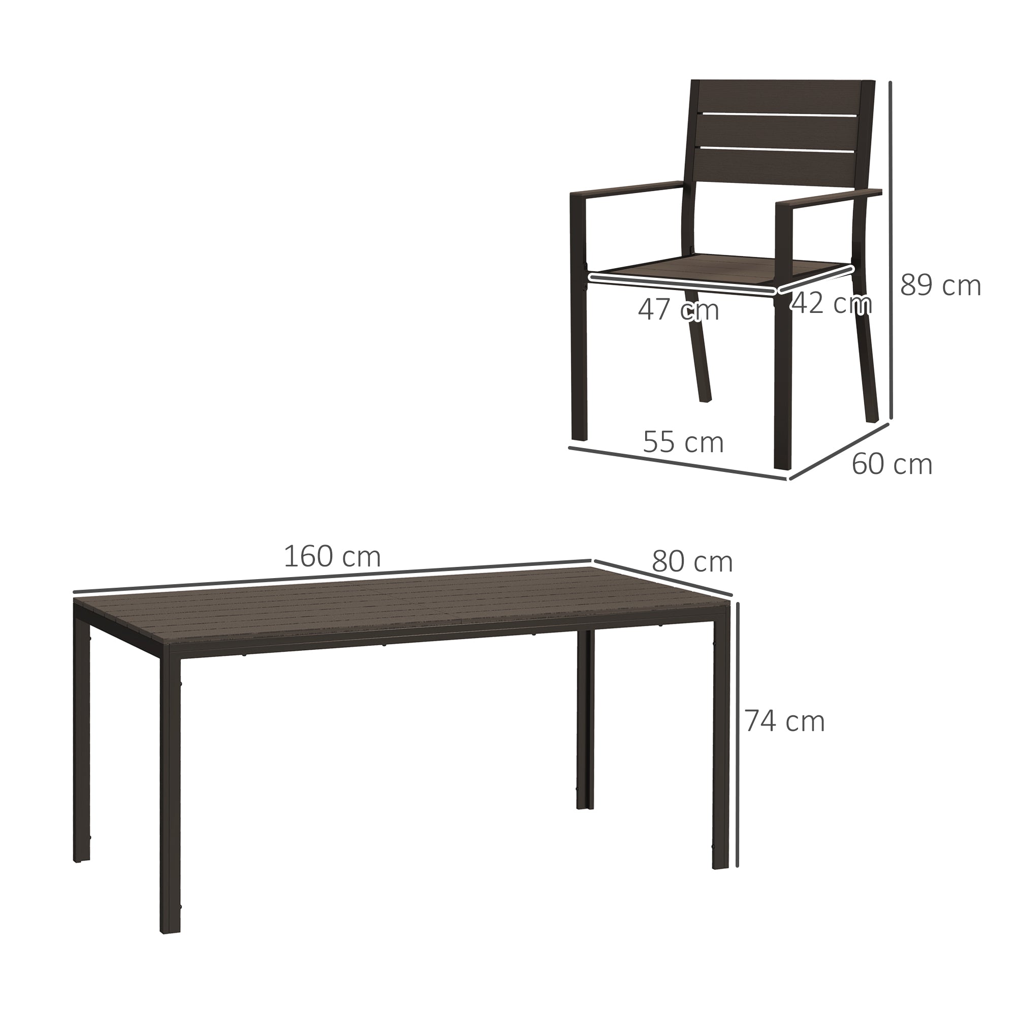 Outsunny 7 Piece Garden Furniture Set, 160 x 80 cm Rectangle Table and 6 Stackable Chairs Set, Outdoor Dining Set for Balcony, Deck, Dark Brown - North Peak Garden Furniture