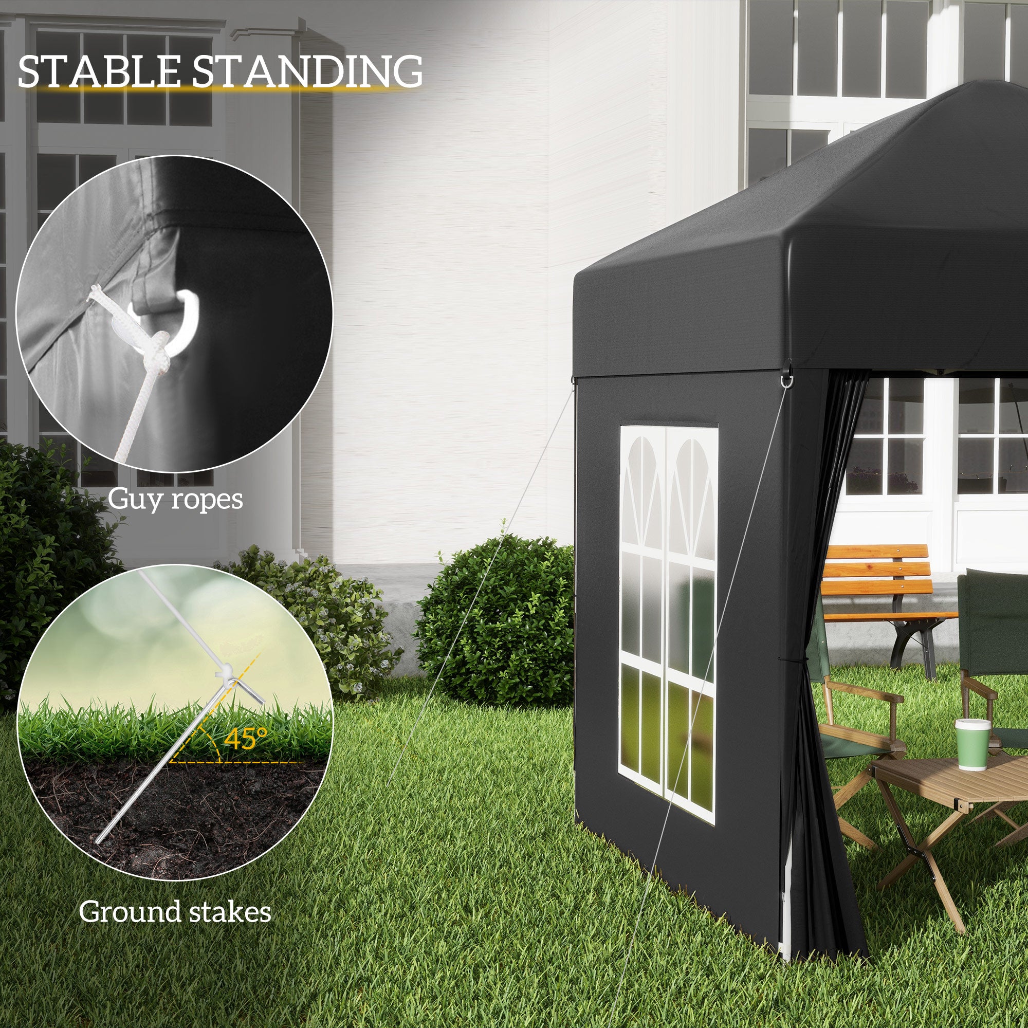 Outsunny 2 x 2 m Garden Pop Up Gazebo, Wedding Party Tent Marquee, Water Resistant Awning Canopy with Sidewalls, Windows, Carry Bag, Black - North Peak Garden Furniture
