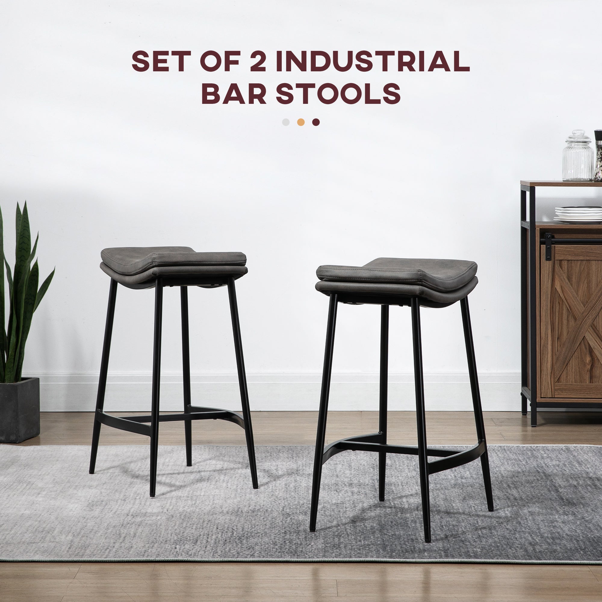 HOMCOM Breakfast Bar Stools Set of 2, Microfibre Upholstered Barstools, Industrial Bar Chairs with Curved Seat and Steel Frame for Dining Room, Kitchen, Grey - North Peak Garden Furniture