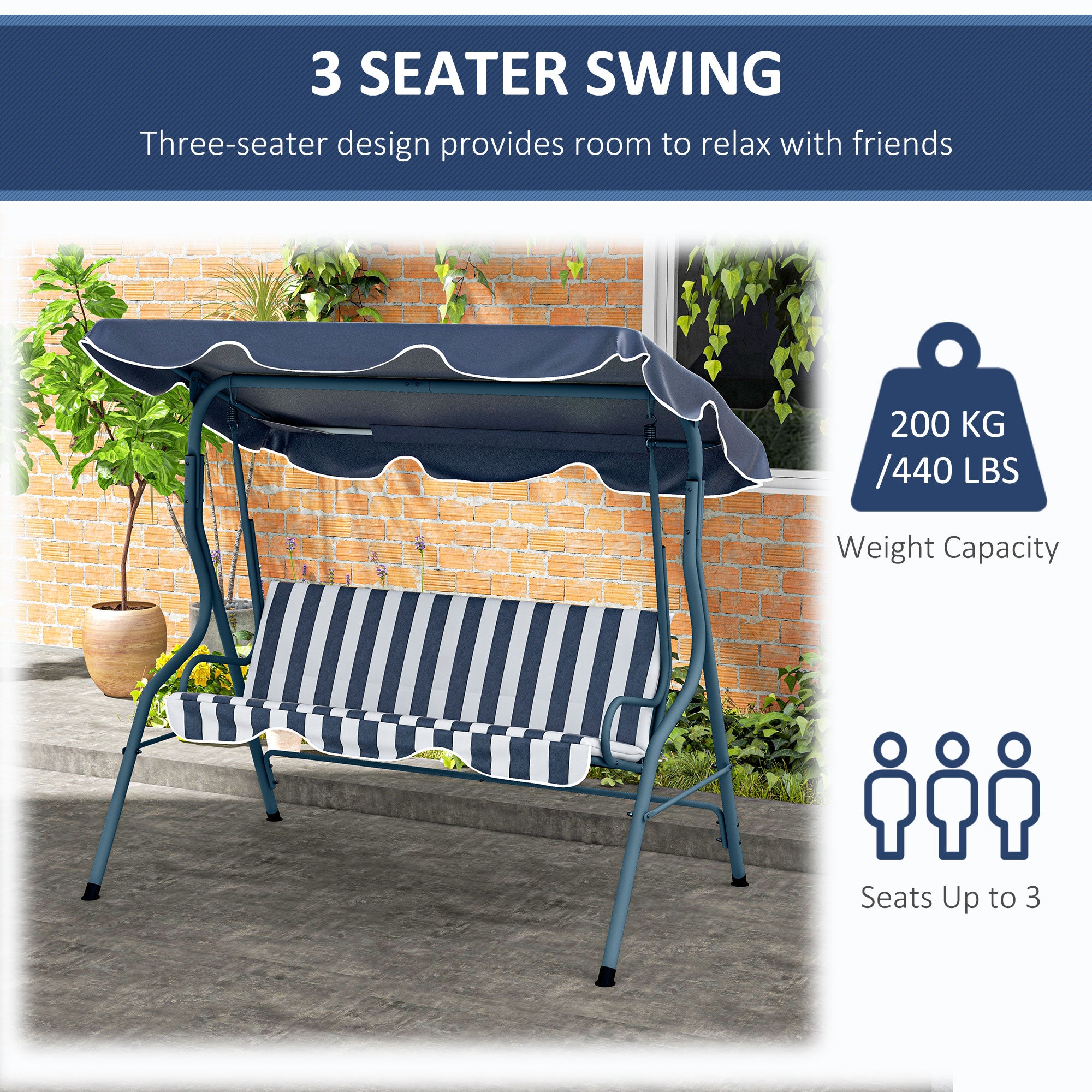 Outsunny 3 Seater Garden Swing Seat Chair Outdoor Bench with Adjustable Canopy and Metal Frame, Blue Stripes