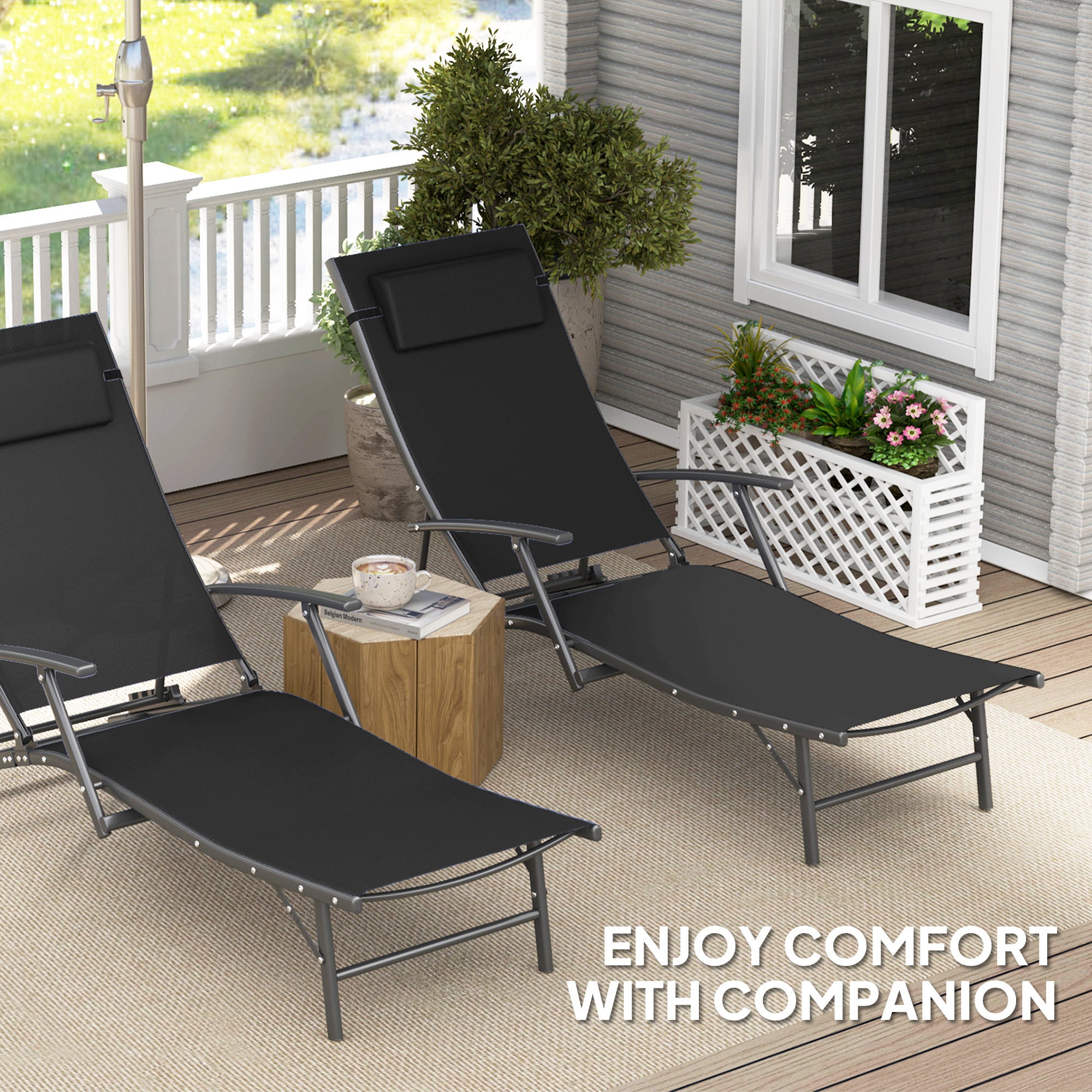 Outsunny Set of Two Adjustable Back Sun Loungers - Black - North Peak Garden Furniture