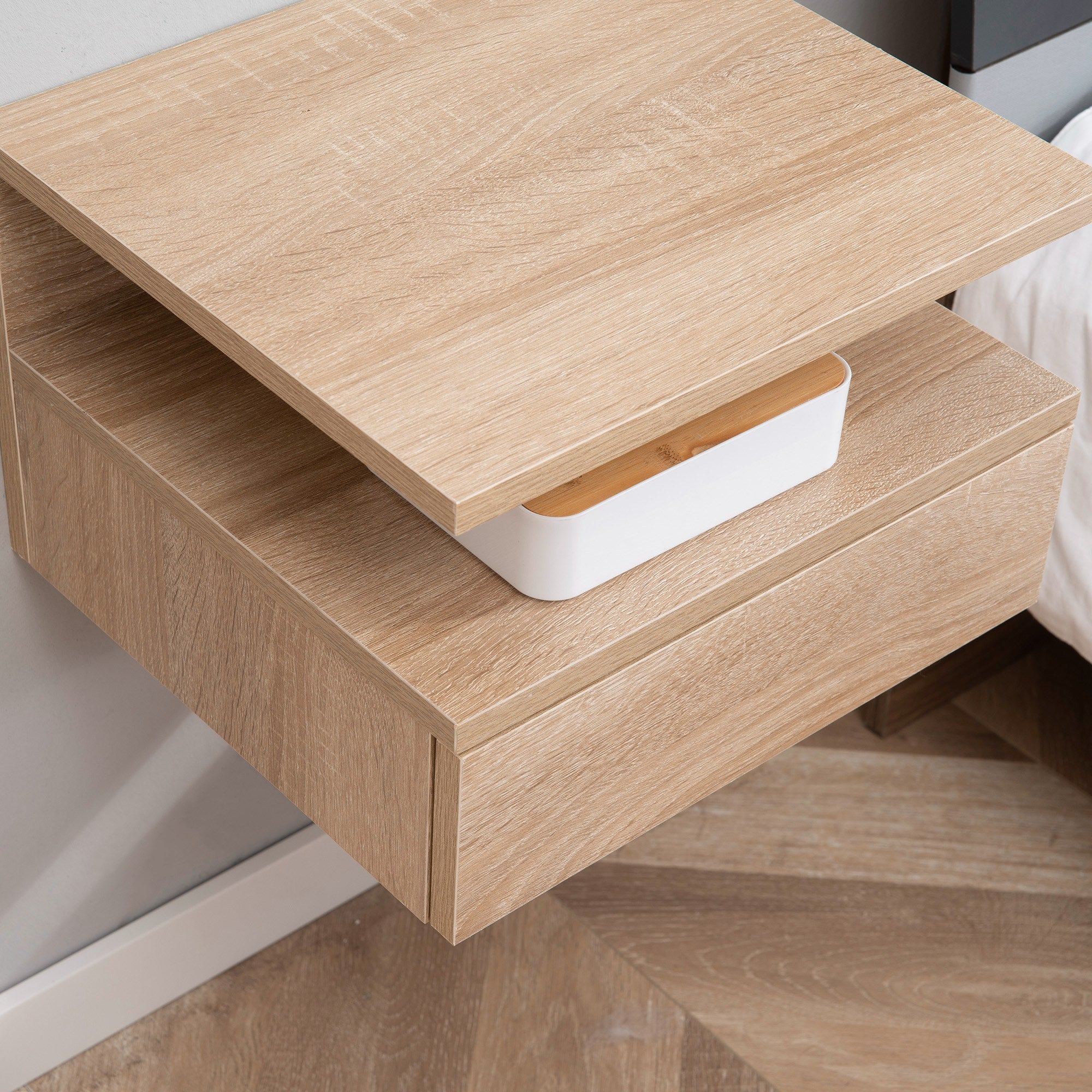 HOMCOM Set of Two Floating Bedside Tables - Oak Tone - North Peak Garden Furniture
