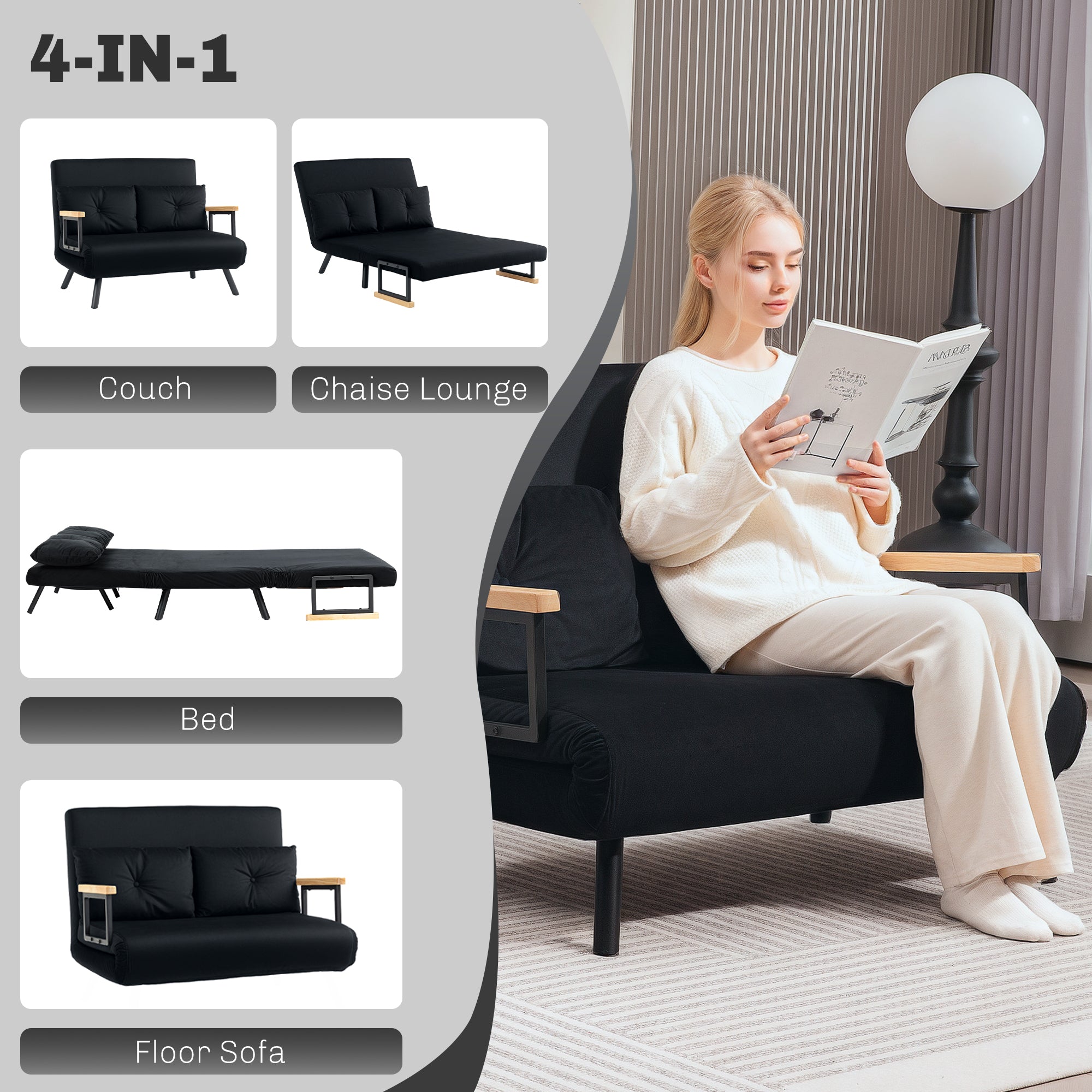 HOMCOM 4-in-1 Velvet-Feel Double Sofa Bed, with Pillows - Black - North Peak Garden Furniture