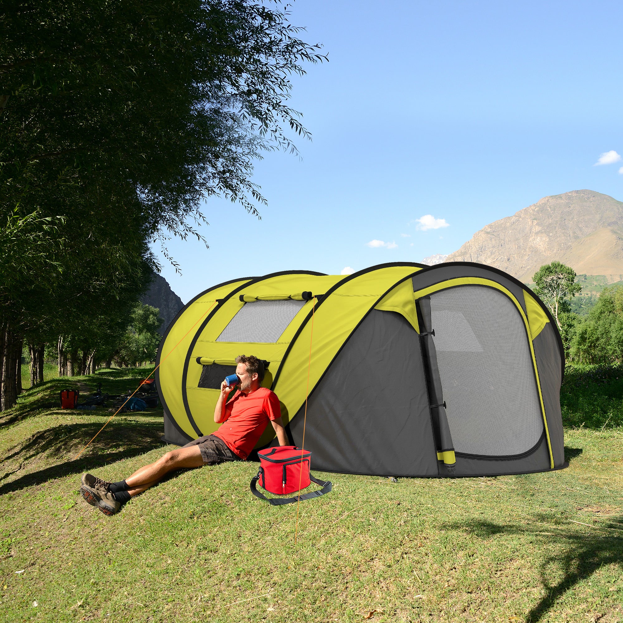Outsunny 4-5 Person Pop-up Camping Tent Waterproof Family Tent w/ 2 Mesh Windows & PVC Windows Portable Carry Bag for Outdoor Trip, Yellow - North Peak Garden Furniture