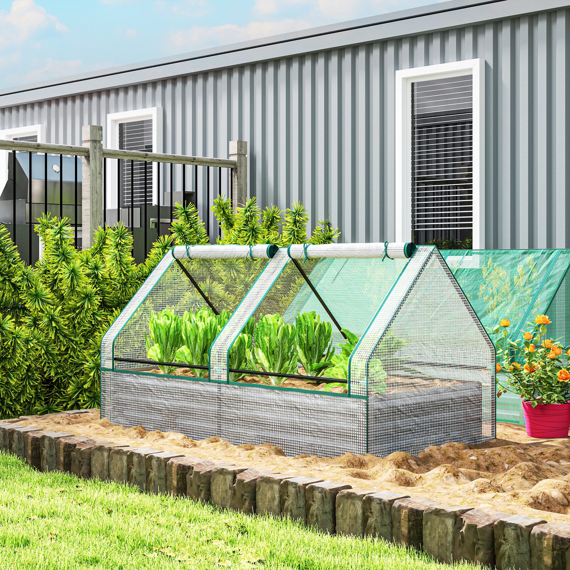 Outsunny Metal Planter Box with Cover, Raised Garden Bed with Greenhouse, for Herbs and Vegetables, White and Dark Grey - North Peak Garden Furniture