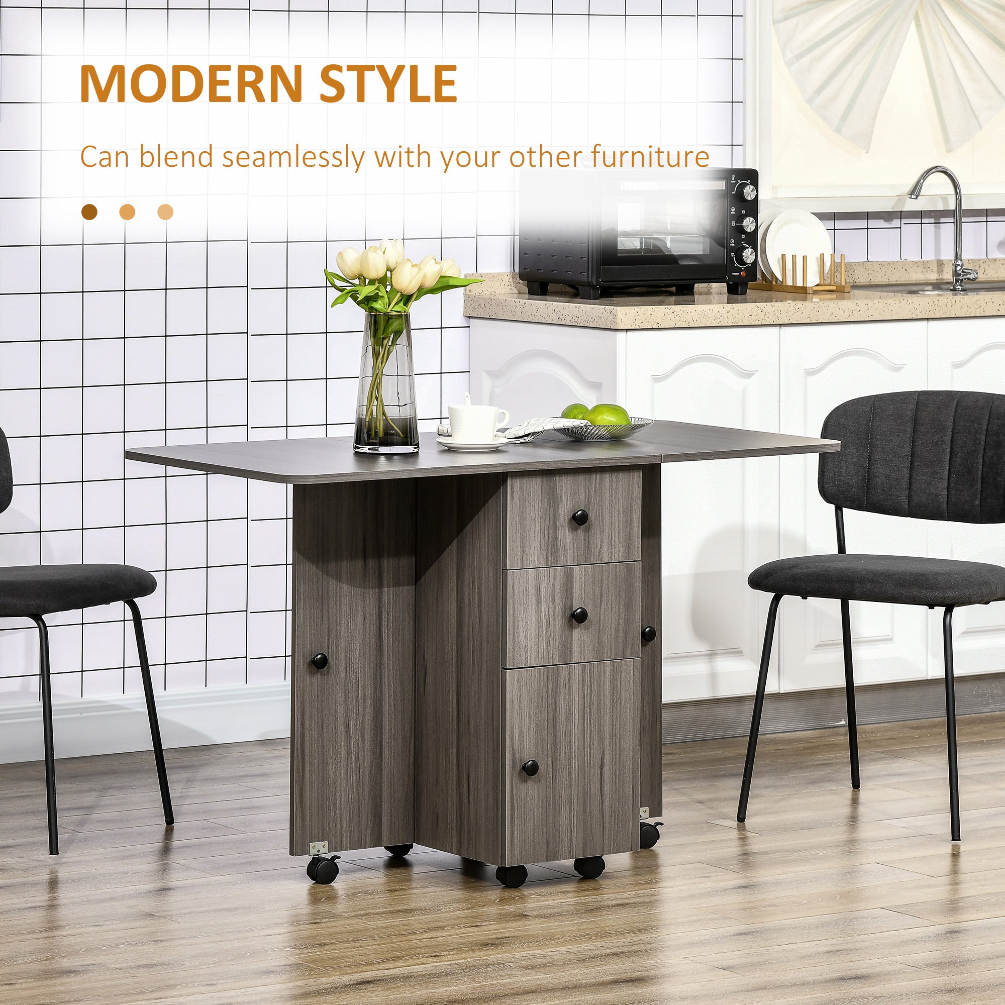 HOMCOM Multi-Storage Six-Person Drop Leaf Dining Table - Grey - North Peak Garden Furniture