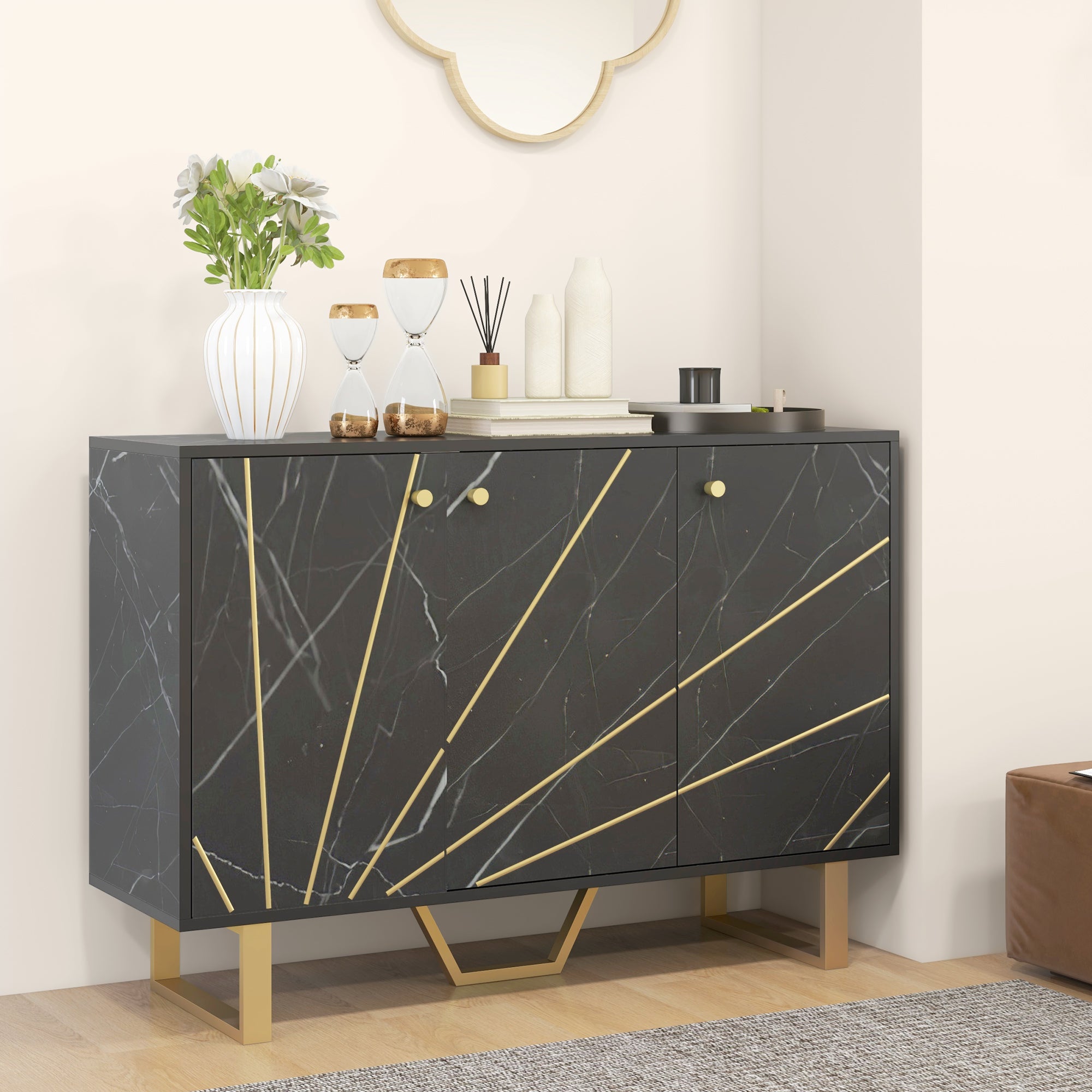 HOMCOM Sideboard Storage Cabinet, Modern Storage Cupboard with Adjustable Shelves and Metal Legs for Living Room, Kitchen, Dining Room, Entryway, Black Marble Tone