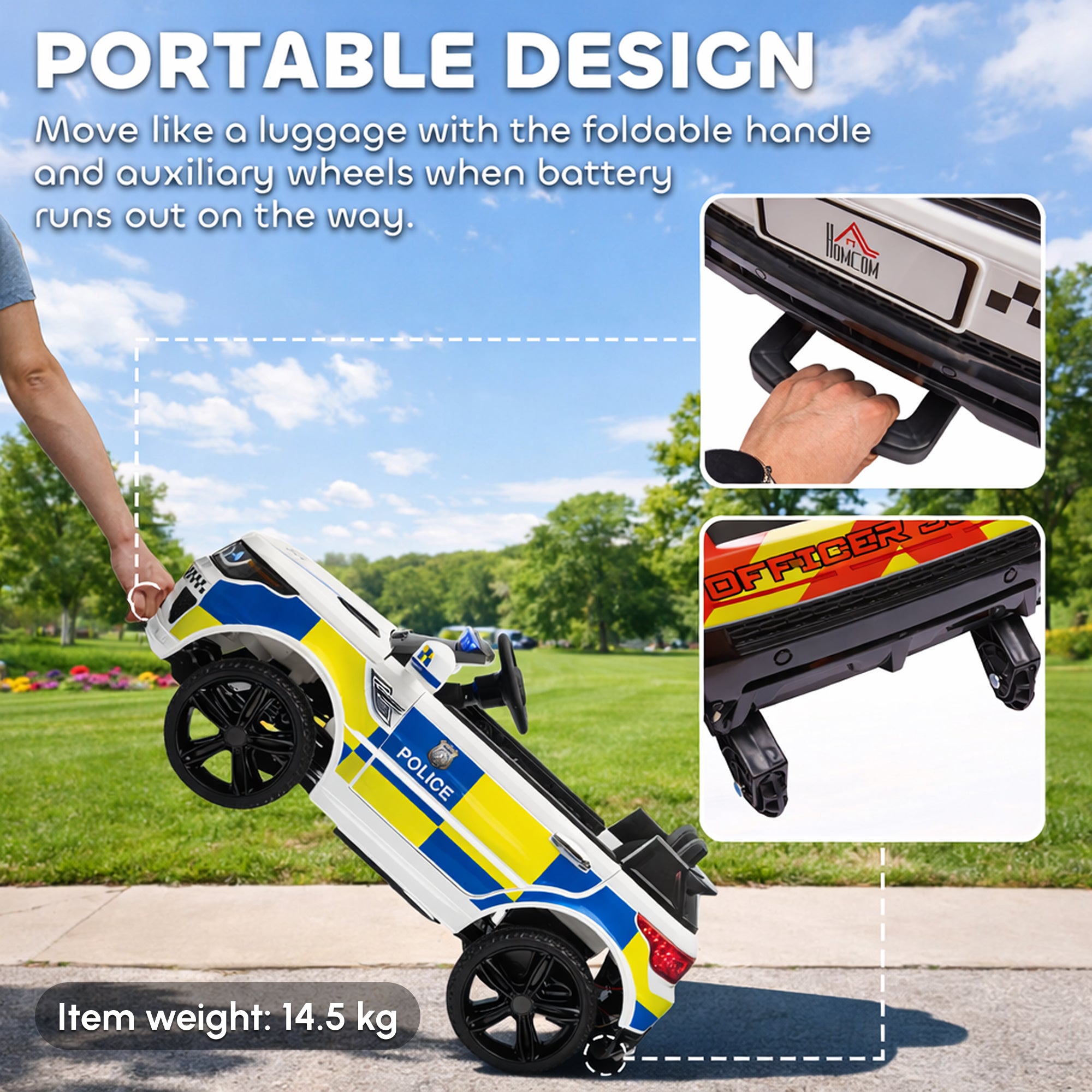 HOMCOM 12V Kids Electric Ride On Police Car 2 Motors with Parental Remote Control Siren Flashing Lights USB Portable for 3-6 Years White