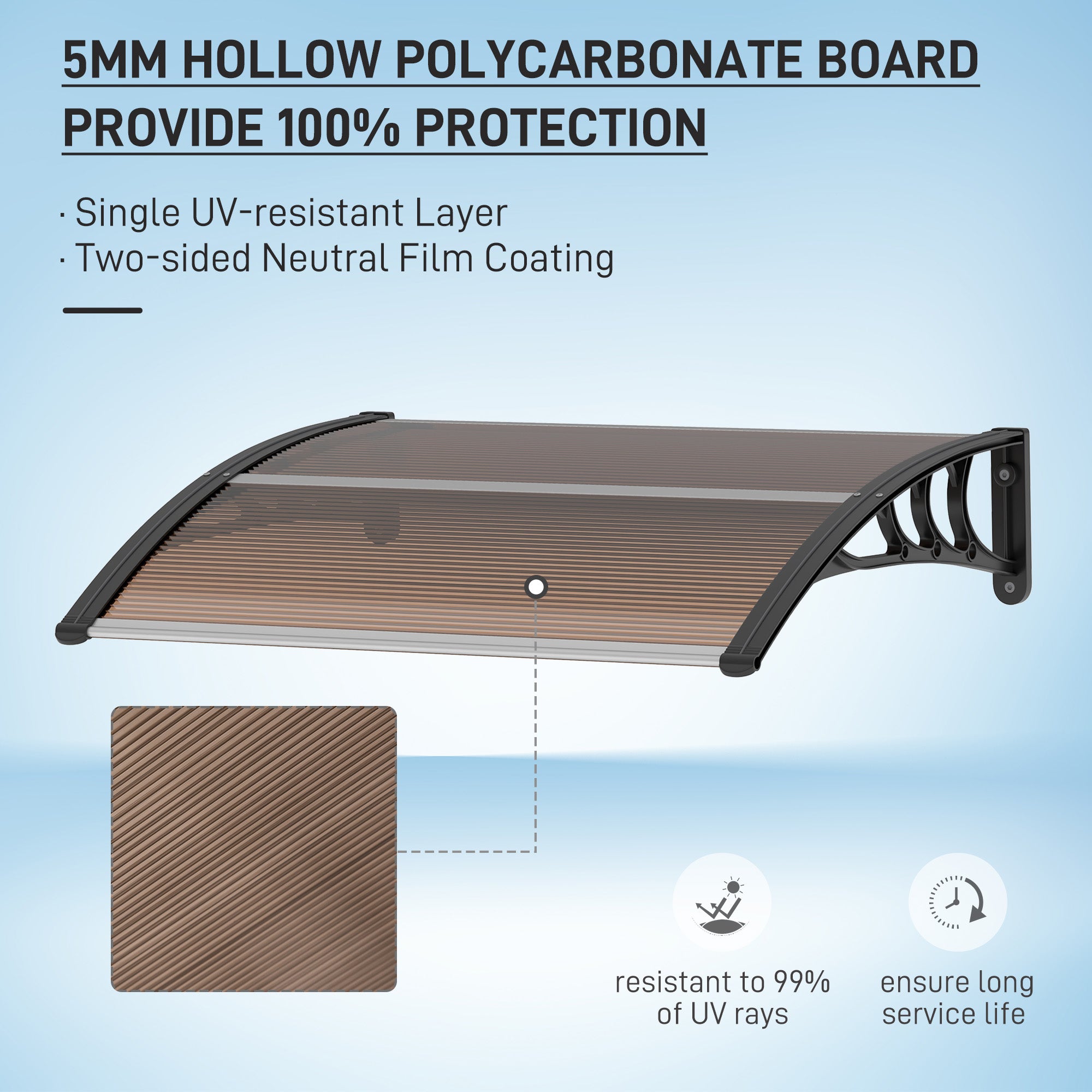 Outsunny Curved Window Door Canopy Aluminium Rigid Plastic Polycarbonate Fixed Outdoor Awning Modern Design UV Water Rain Resist 100 x 75cm Brown - North Peak Garden Furniture