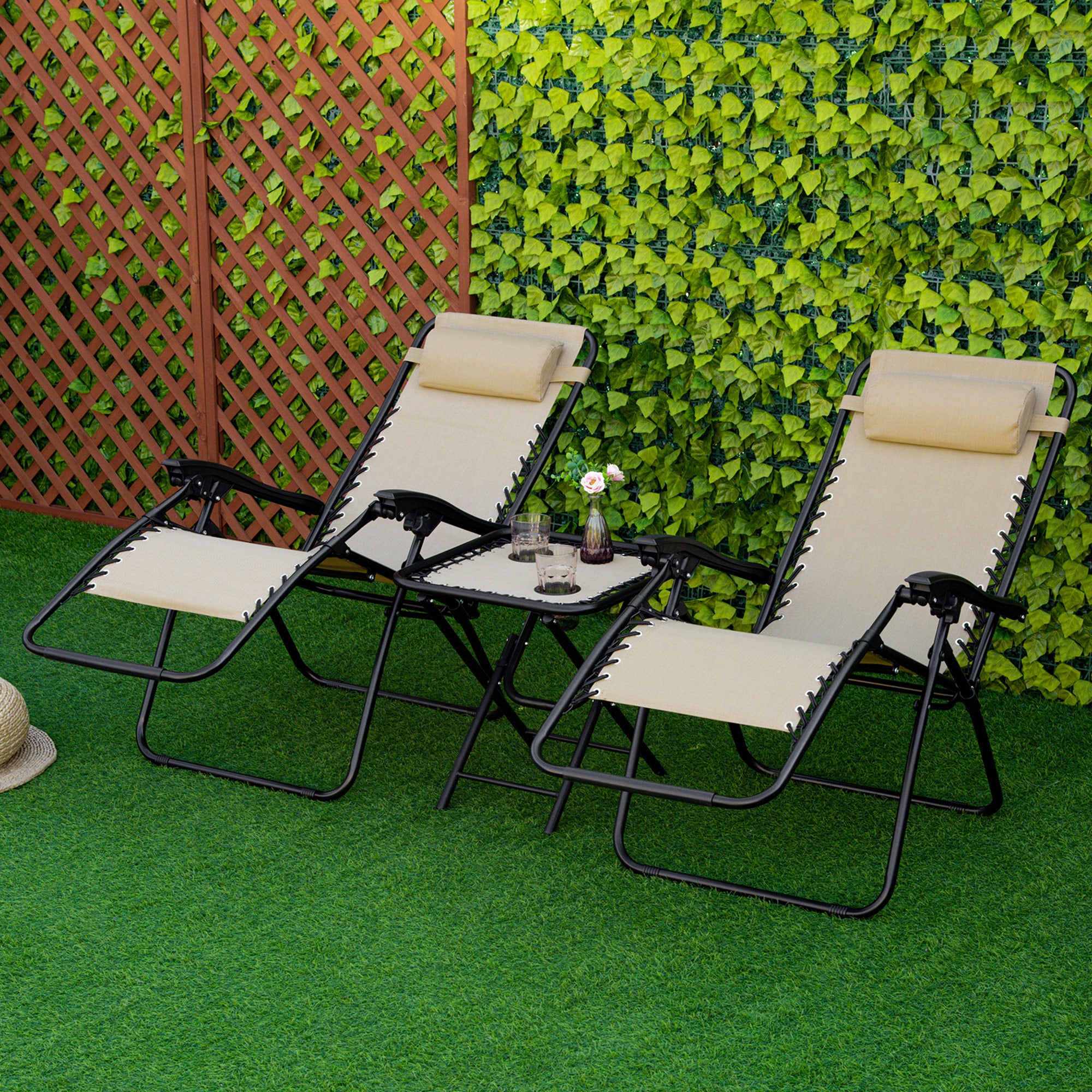 Outsunny 3pcs Folding Zero Gravity Chairs Sun Lounger Table Set w/ Cup Holders Reclining Garden Yard Pool, Beige - North Peak Garden Furniture