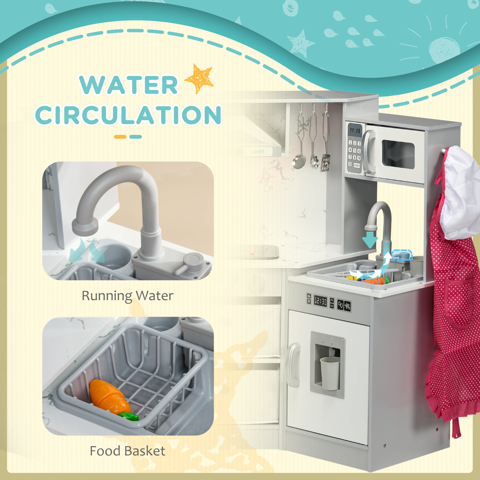 AIYAPLAY Toy Kitchen with Running Water, Lights, Sounds, Apron and Chef Hat, Water Dispenser, for Ages 3-6 Years, Grey - North Peak Garden Furniture