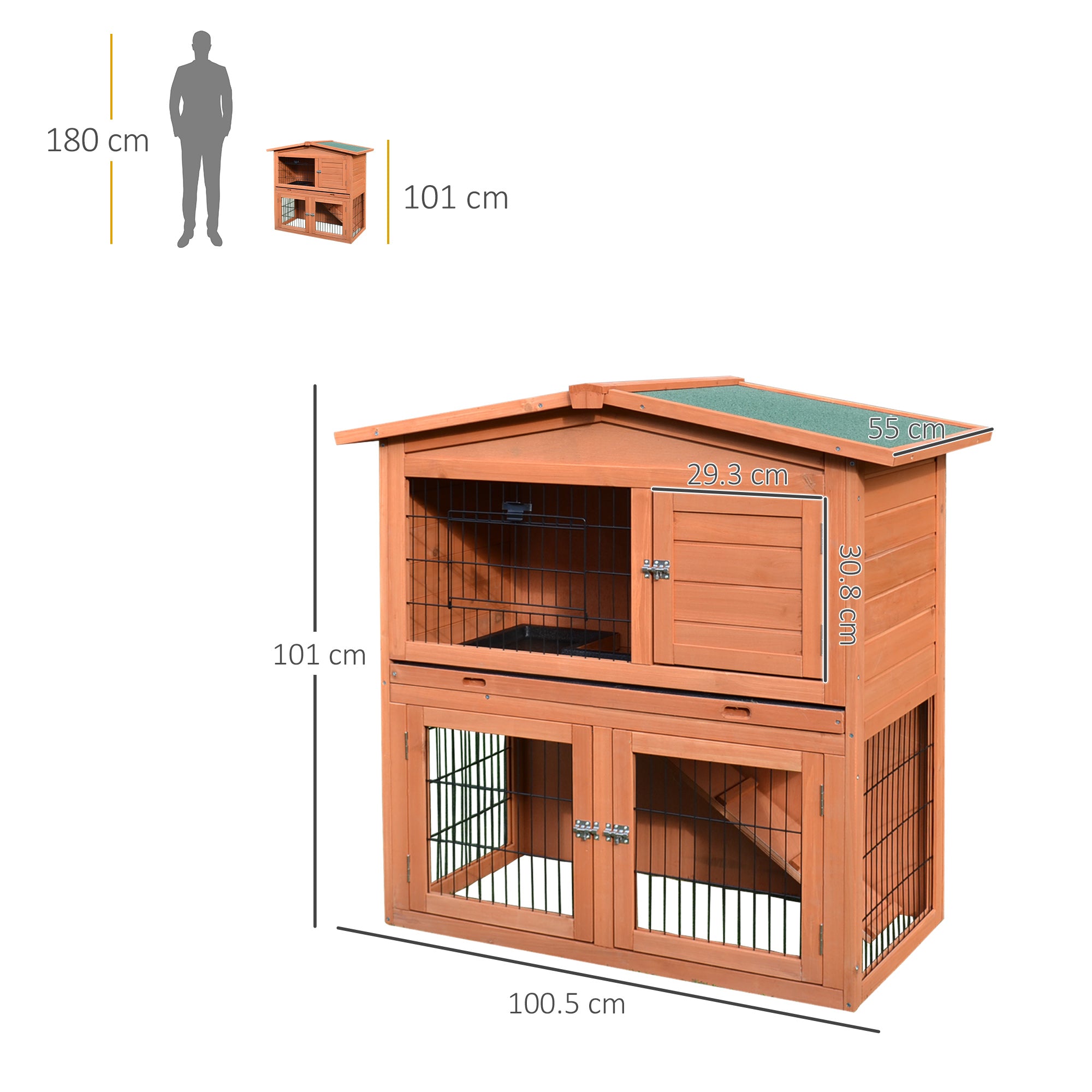 PawHut Rabbit Hutch Outdoor Guinea Pig Hutch 2-Tier Bunny Cage with No-Leak Tray 100.5 x 55 x 101 cm - North Peak Garden Furniture