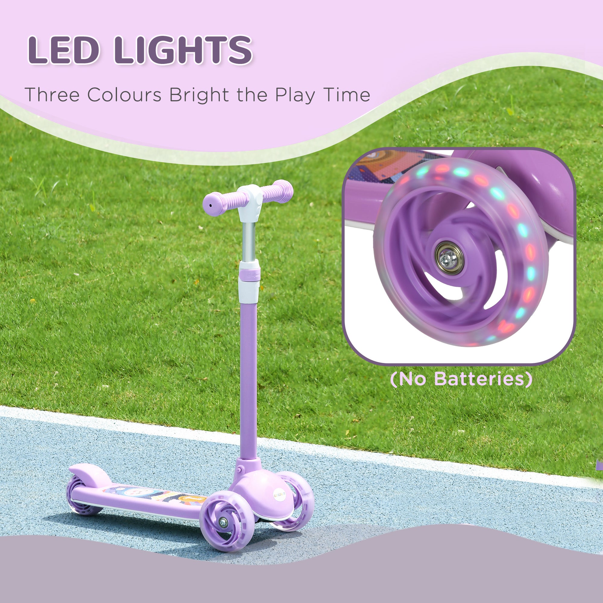 AIYAPLAY Kids 3 Wheel Scooter for 2-6 Years Old w/ Adjustable Height, LED Light, TPE Handlebar, Purple - North Peak Garden Furniture