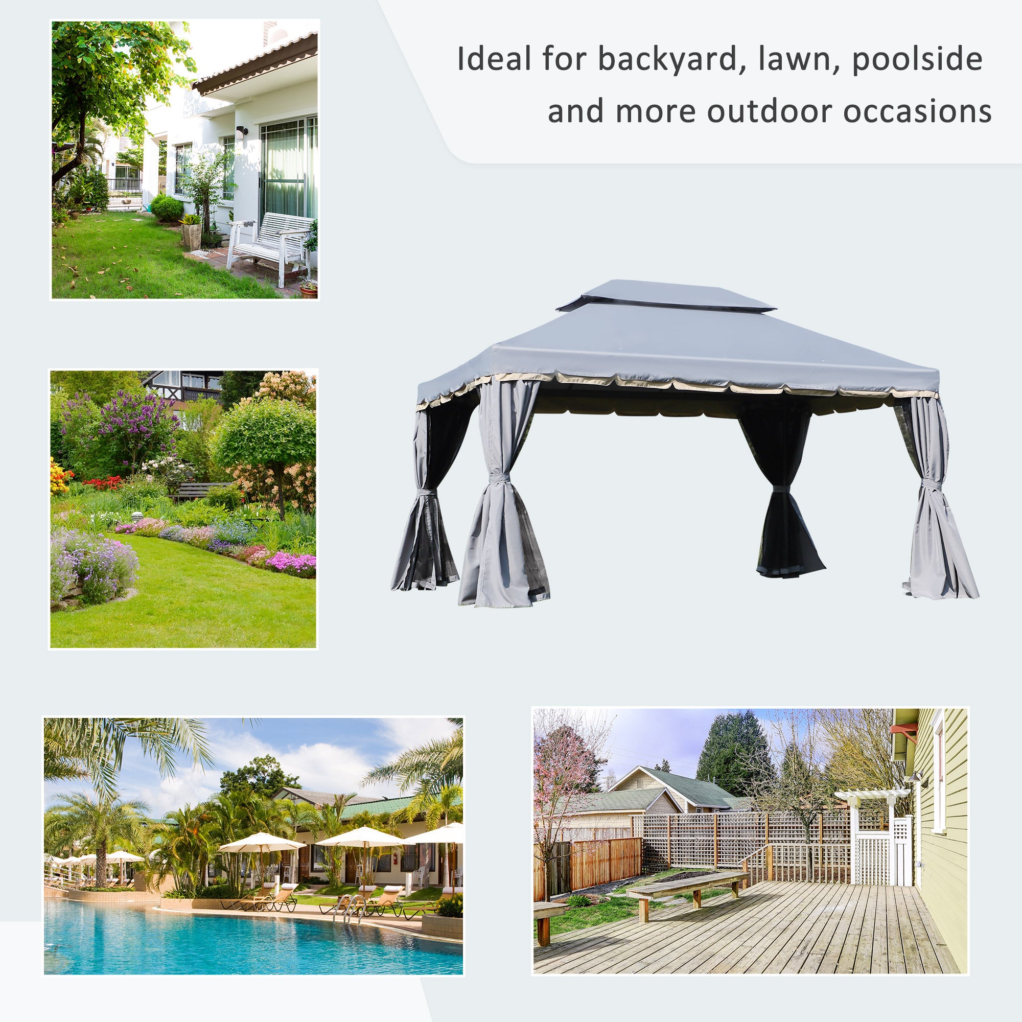 Outsunny 3 x 4m Aluminium Garden Gazebo, Marquee Canopy Shelter Pavilion Party Tent with Nets and Curtains for Garden, Lawn, Backyard and Deck, Grey - North Peak Garden Furniture