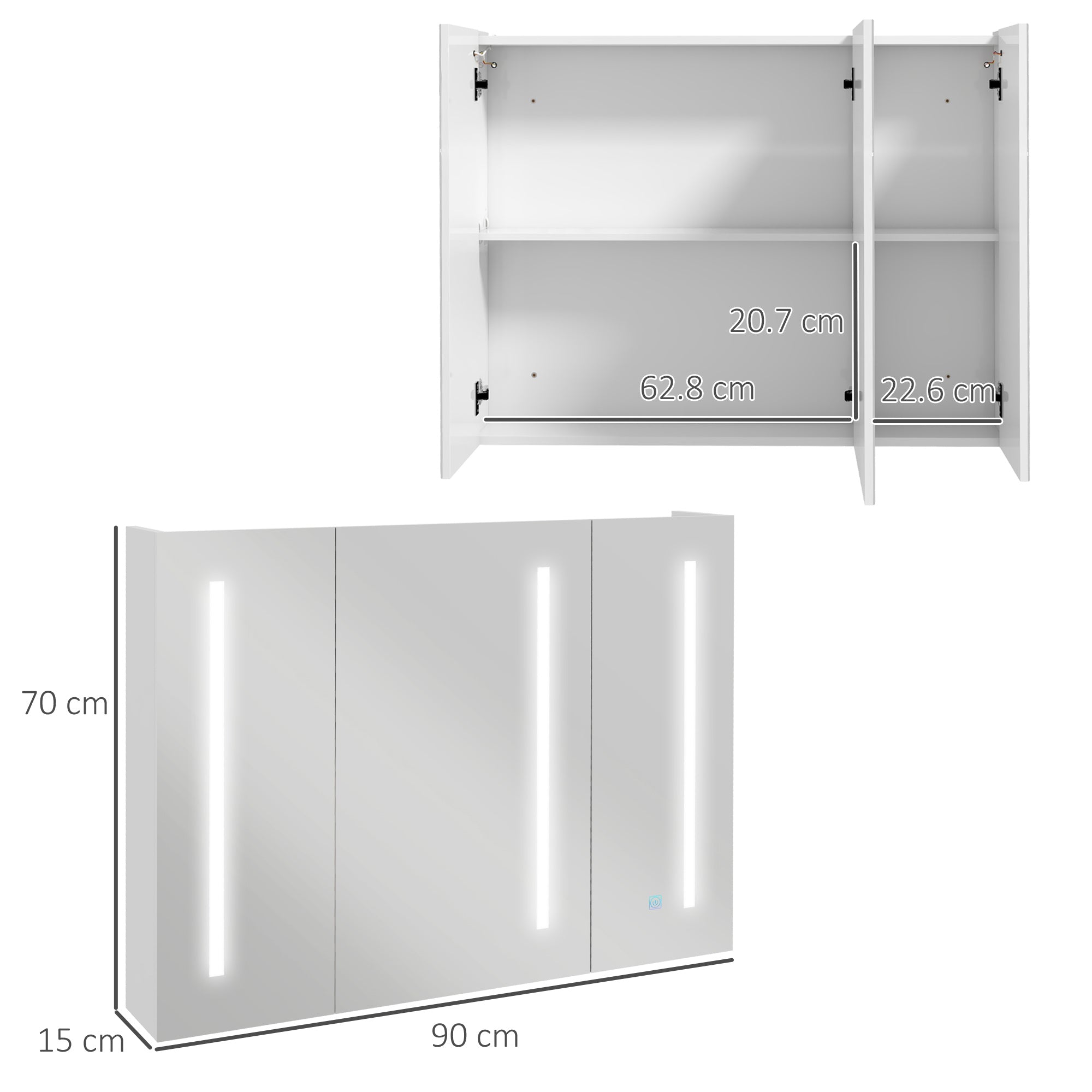 kleankin Bathroom Mirror Cabinet with Light, Bathroom Storage Cupboard with USB Charge, Adjustable Shelf, 90x15x70cm, White - North Peak Garden Furniture