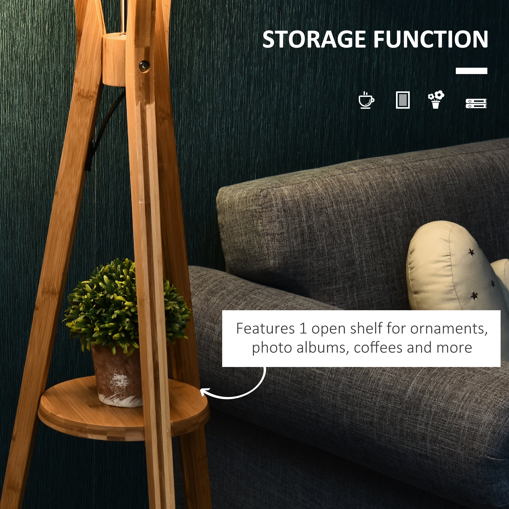 HOMCOM Natural Wood Tripod Floor Lamp Light E27 Base Bedroom Living Room Fabric Shade Storage Shelf Foot Switch, 156cm, Grey - North Peak Garden Furniture