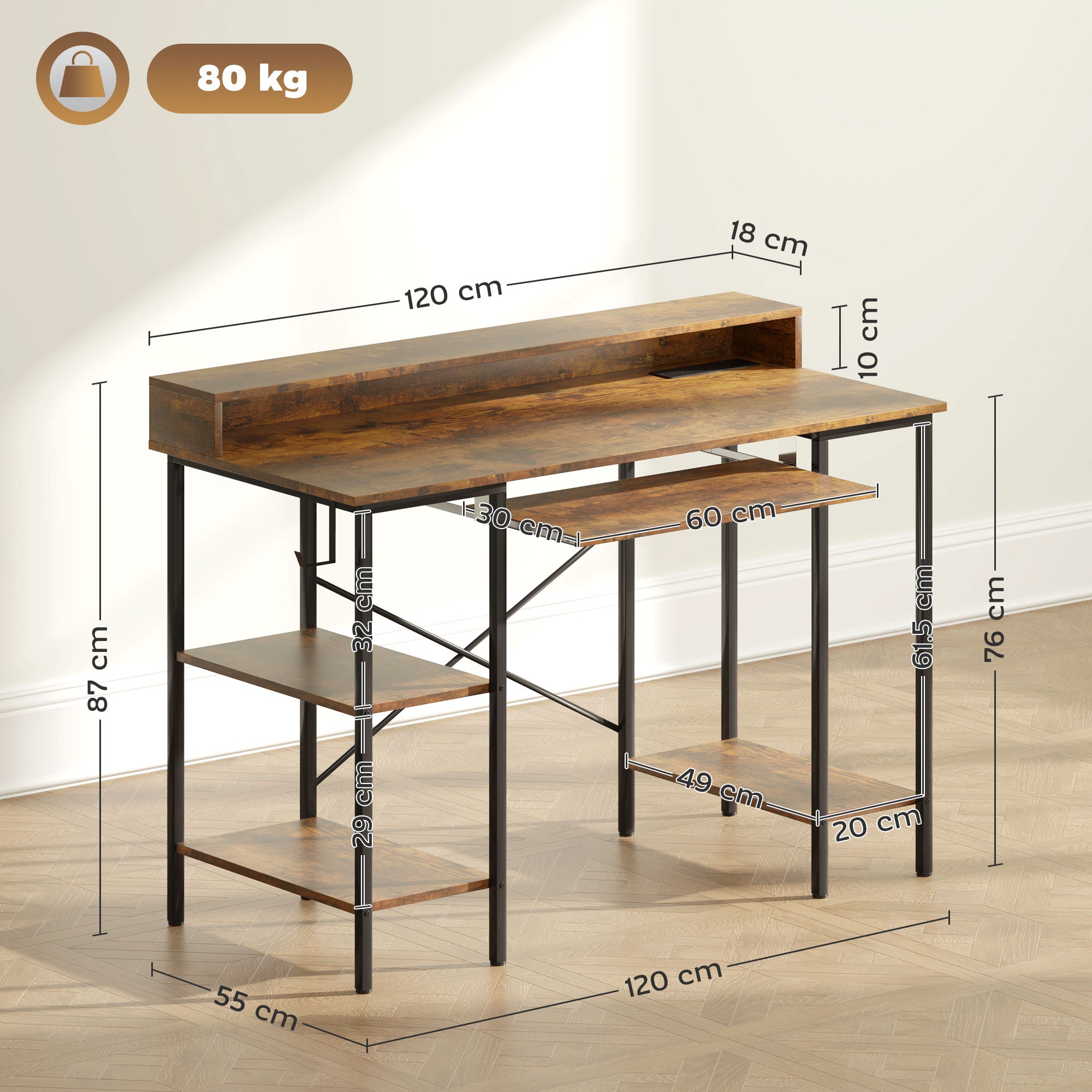 HOMCOM Reversible Computer Desk with LED Lights and Power Outlets, 120 x 55 cm Gaming Desk with Monitor Stand, Sliding Keyboard Tray and Storage Shelves, Industrial Home Office Desk, Rustic Brown - North Peak Garden Furniture