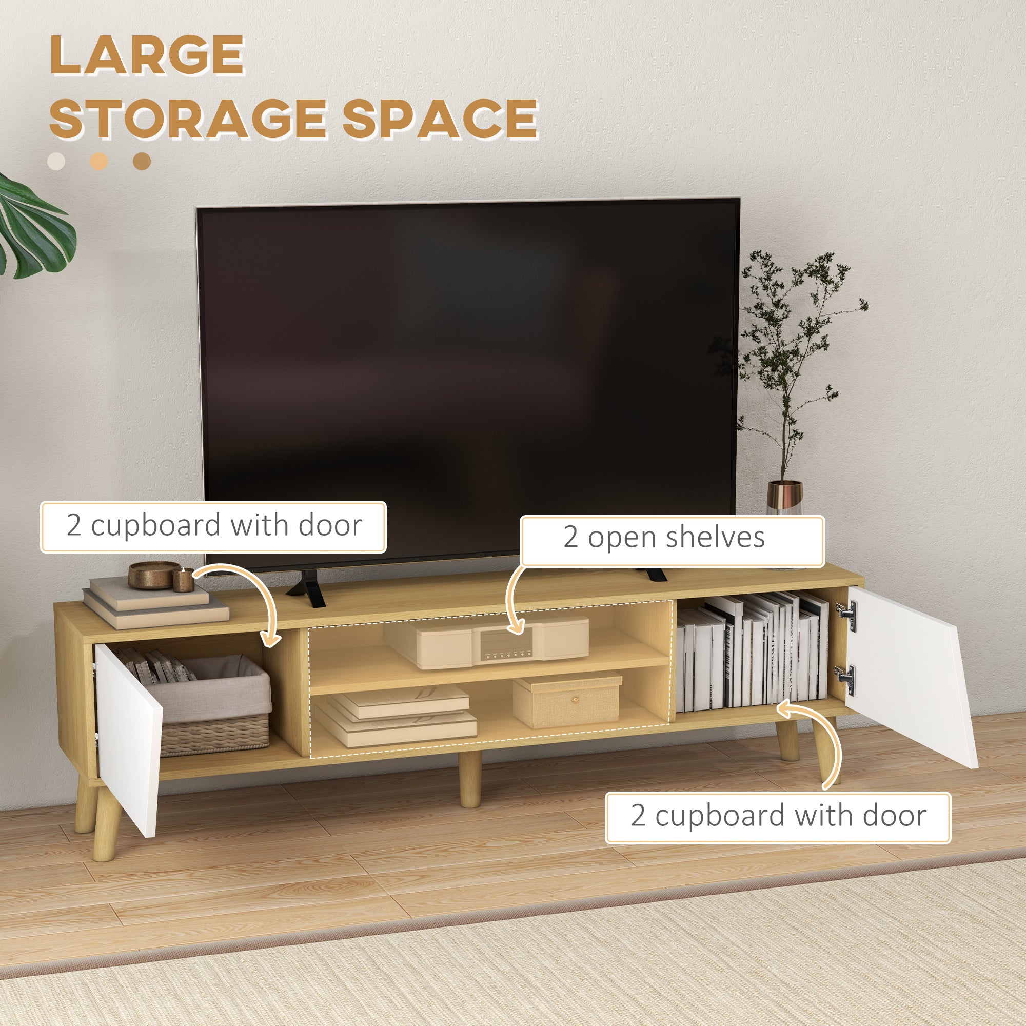 HOMCOM Scandinavian-Style TV Cabinet, with Storage - Wood-Effect/White - North Peak Garden Furniture