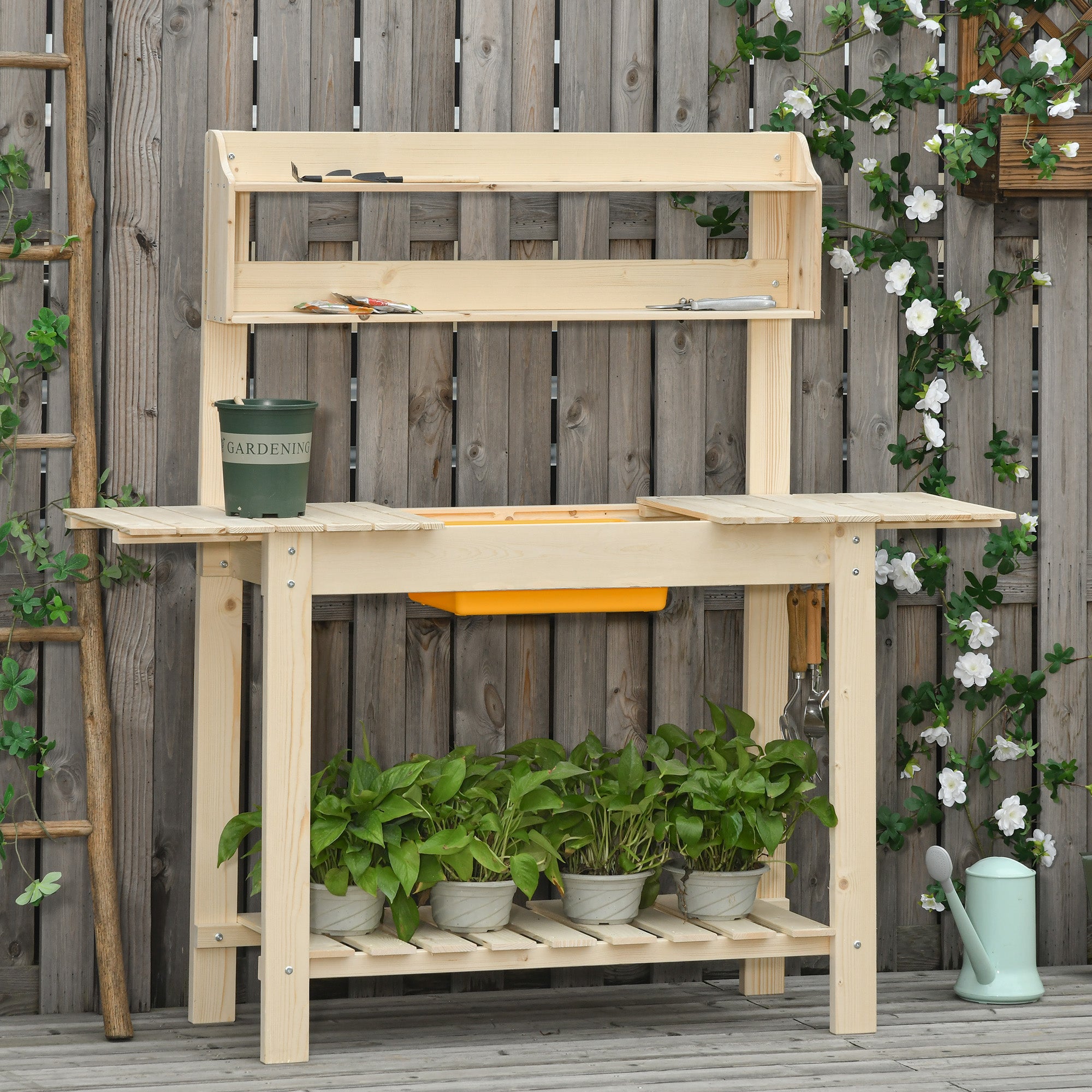 Outsunny Garden Potting Bench w/ Sliding Tabletop, Wooden Workstation w/ Dry Sink, Outdoor Workbench Potting Table w/ Storage Shelf & Hooks, Natural - North Peak Garden Furniture