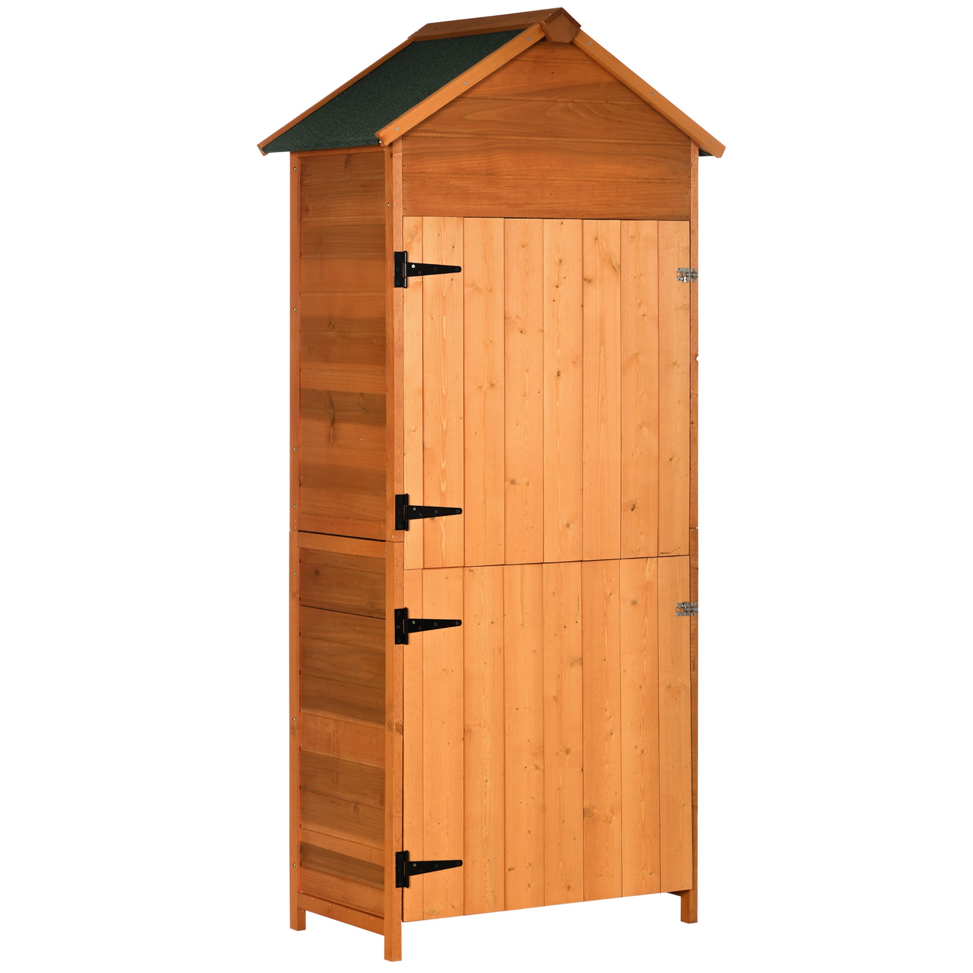 Outsunny Wooden Outdoor Storage Shed, Compact Utility Outdoor Tool Shed with Lockable Double Doors and Shelves, Orange - North Peak Garden Furniture