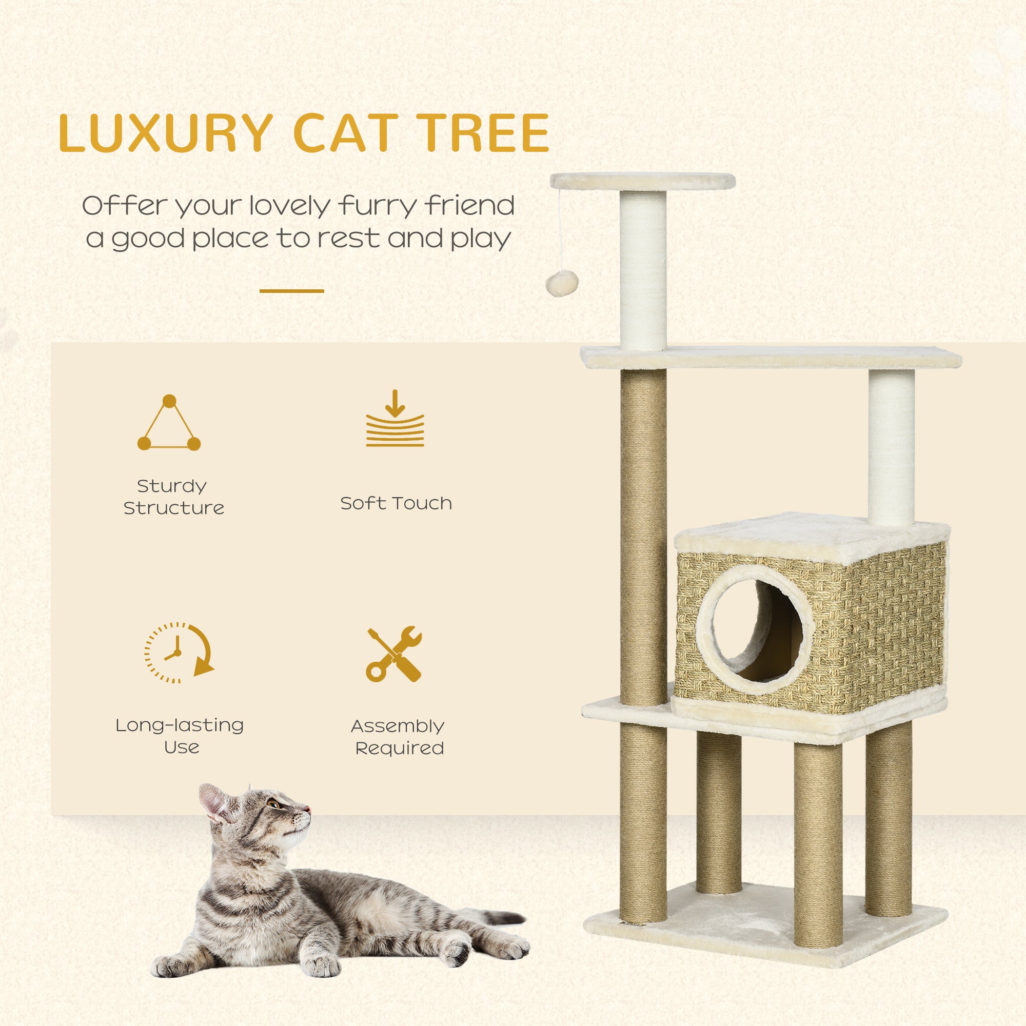 PawHut Cat Tree, with Scratching Post, Cat House & Hanging Toy Ball - Beige - North Peak Garden Furniture