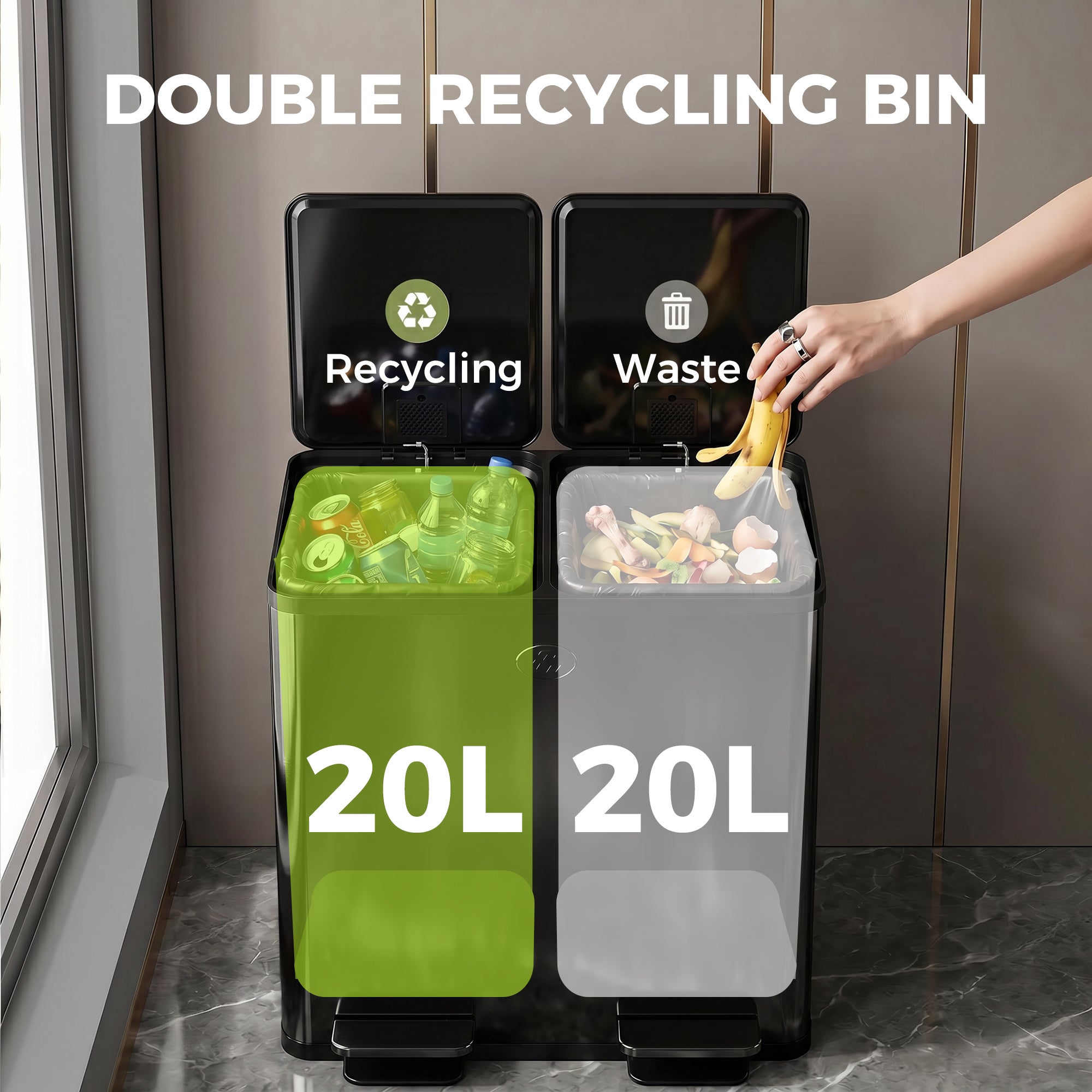 HOMCOM 40L Dual Compartment Stainless Steel Bin, with Deodoriser Holders - Black