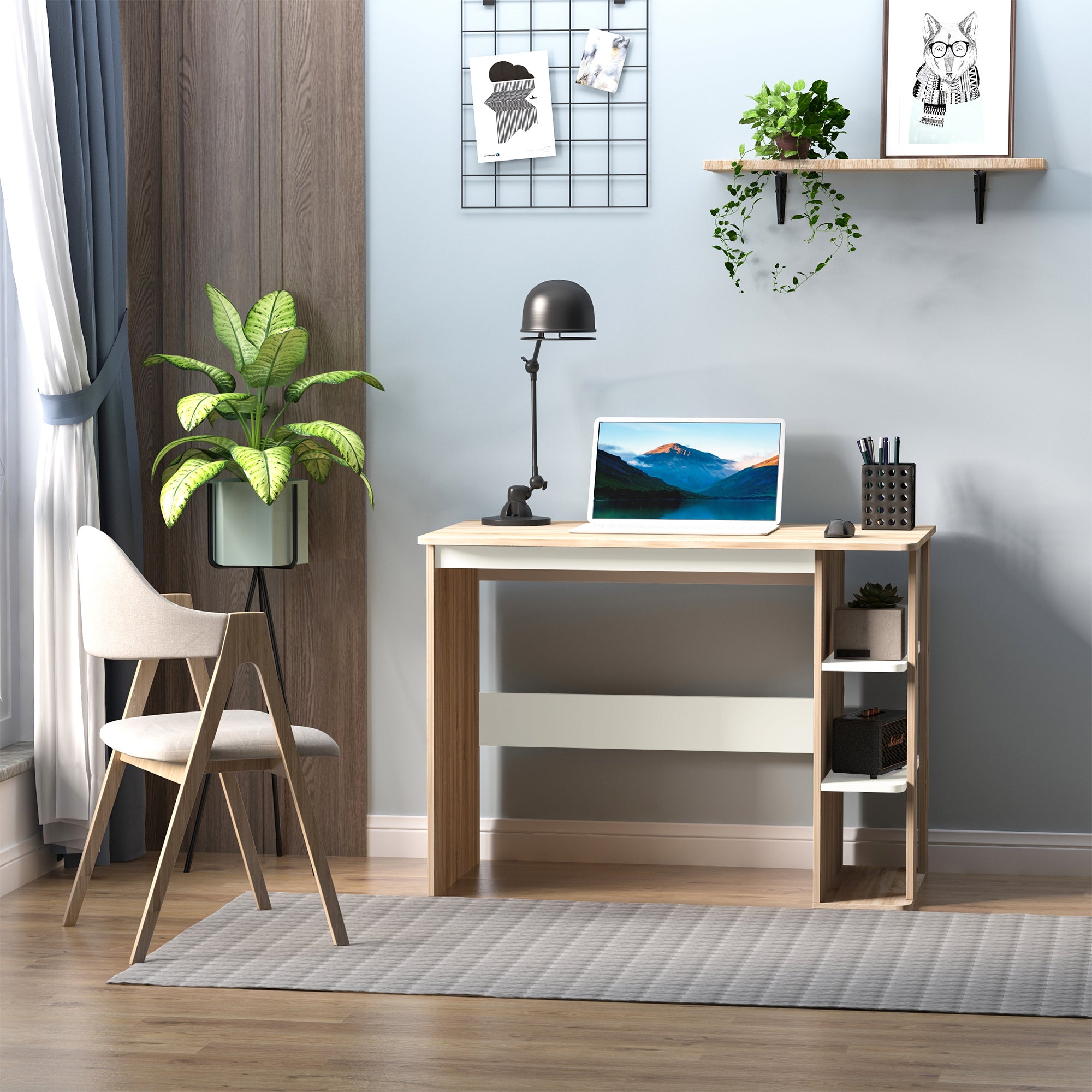 HOMCOM Computer Desk, Writing Desk with 3-Tier Storage Shelf, Work Table for Home Office, Study, Living Room, Oak and White - North Peak Garden Furniture