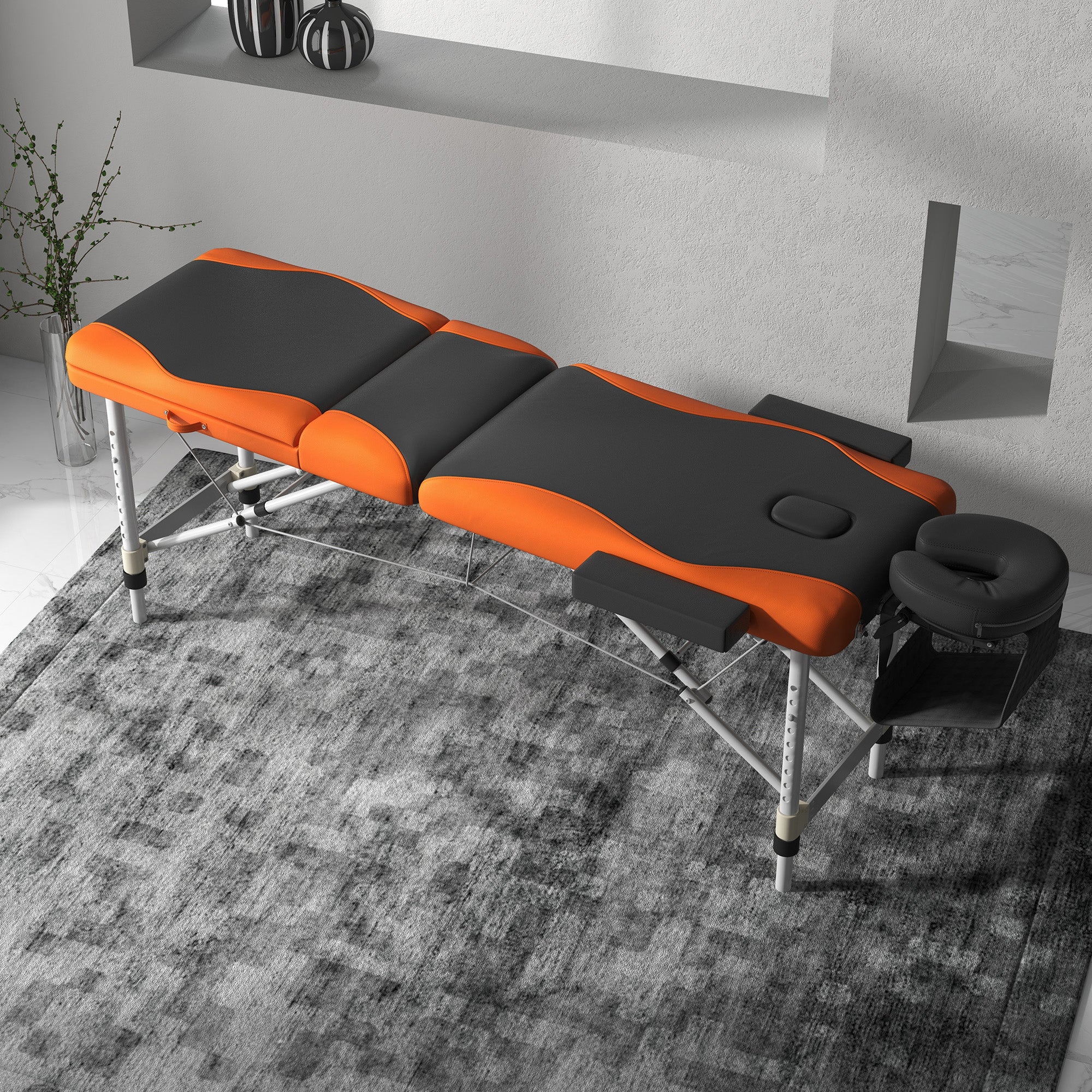 HOMCOM Foldable Massage Bed Portable Table, 3-Section Aluminium Foldable Beauty Couch, Professional Salon Spa Table with Headrest Support, 60 cm Width, Black and Orange