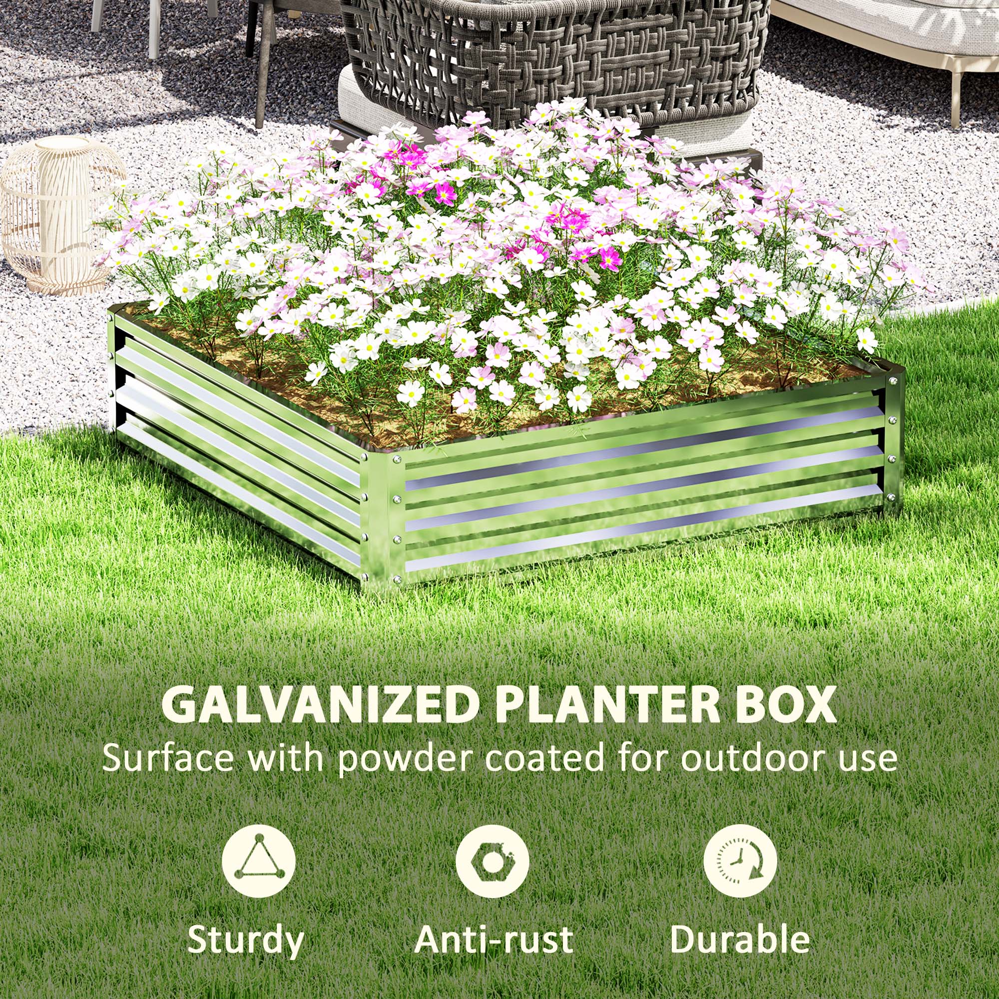 Outsunny Square Raised Garden Bed Box with Weatherized Steel Frame for Vegetables, Flowers, & Herbs, 120 x 120 x 30cm, Silver Tone