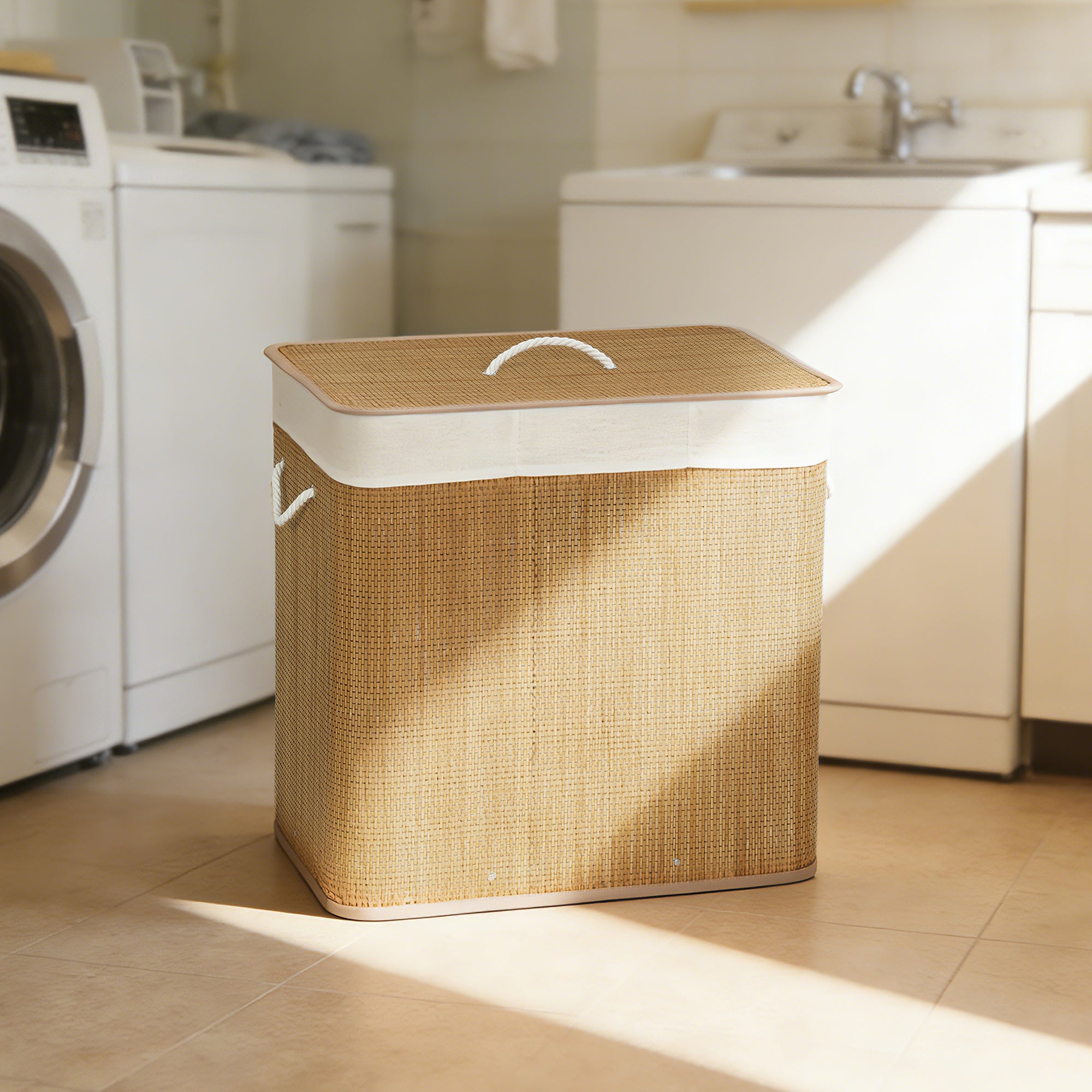 HOMCOM 3 Section Laundry Basket with Lid, 144L Bamboo Laundry Hamper with Handles, Removable and Washable Liner, Brown