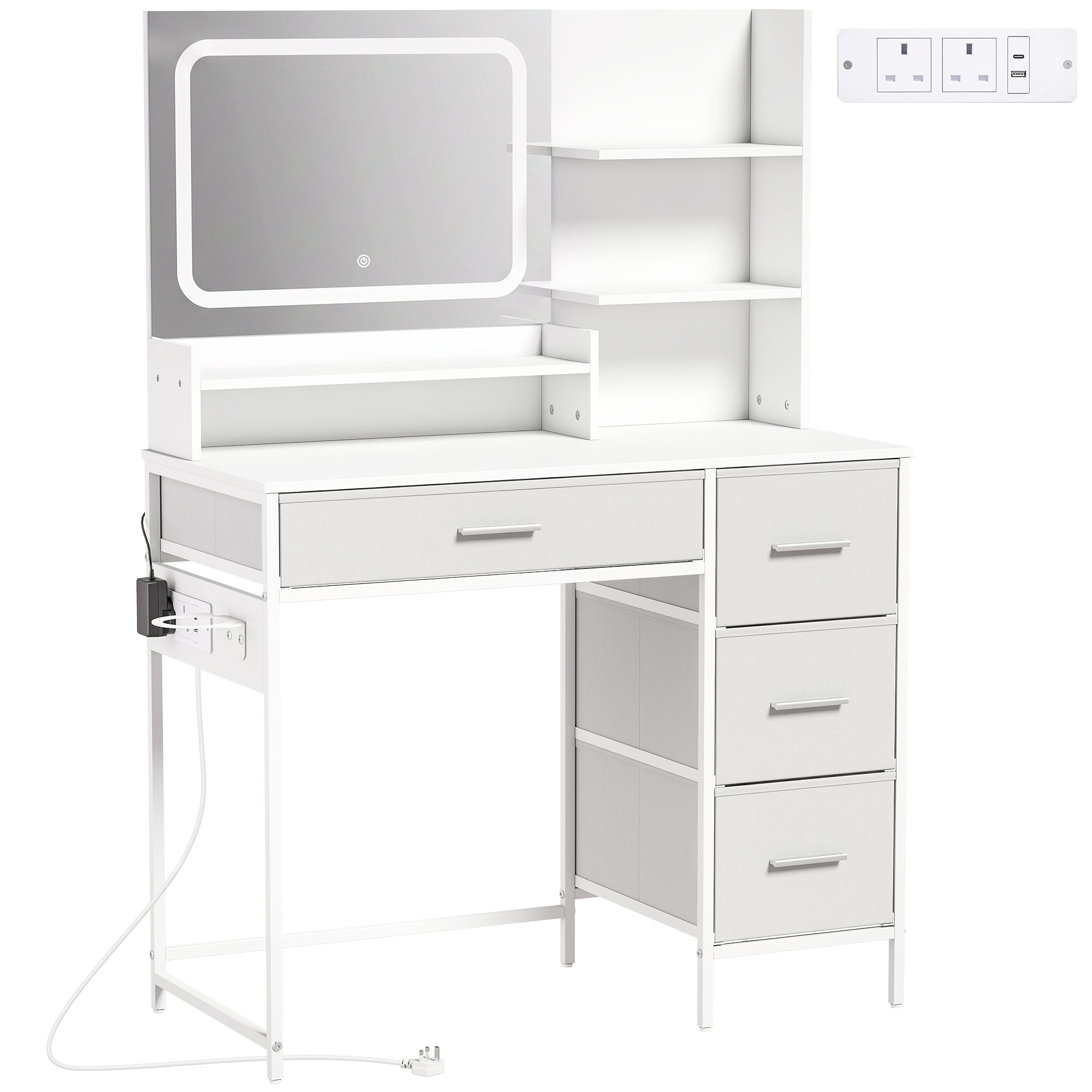 HOMCOM Dressing Table with 3-Colour LED Mirror, Power Outlet, Vanity Desk with 4 Drawers, 5 Shelves, Hair Dryer Holder