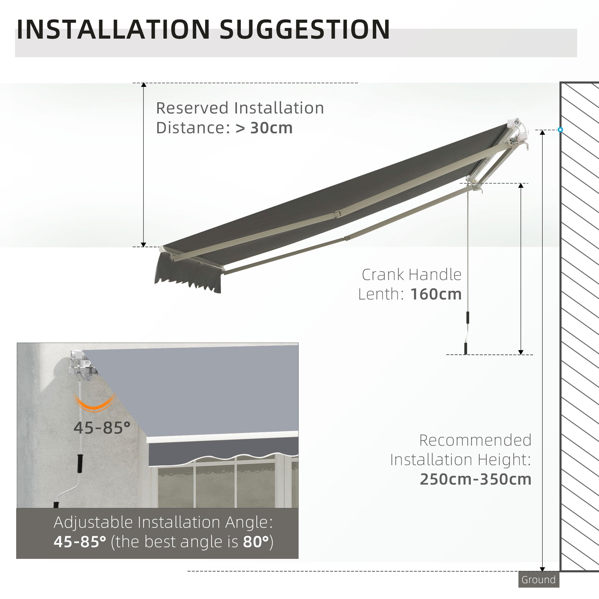 Outsunny 2.5m x 2m Garden Patio Manual Awning Canopy Sun Shade Shelter Retractable with Winding Handle Grey - North Peak Garden Furniture