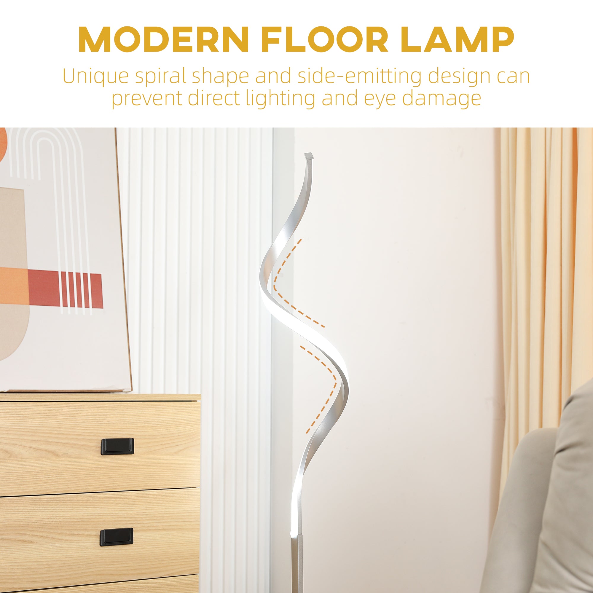 HOMCOM Dimmable Floor Lamp for Living Room, Modern Spiral Standing Lamp with 3 Adjustable Brightness and Square Base, Silver - North Peak Garden Furniture