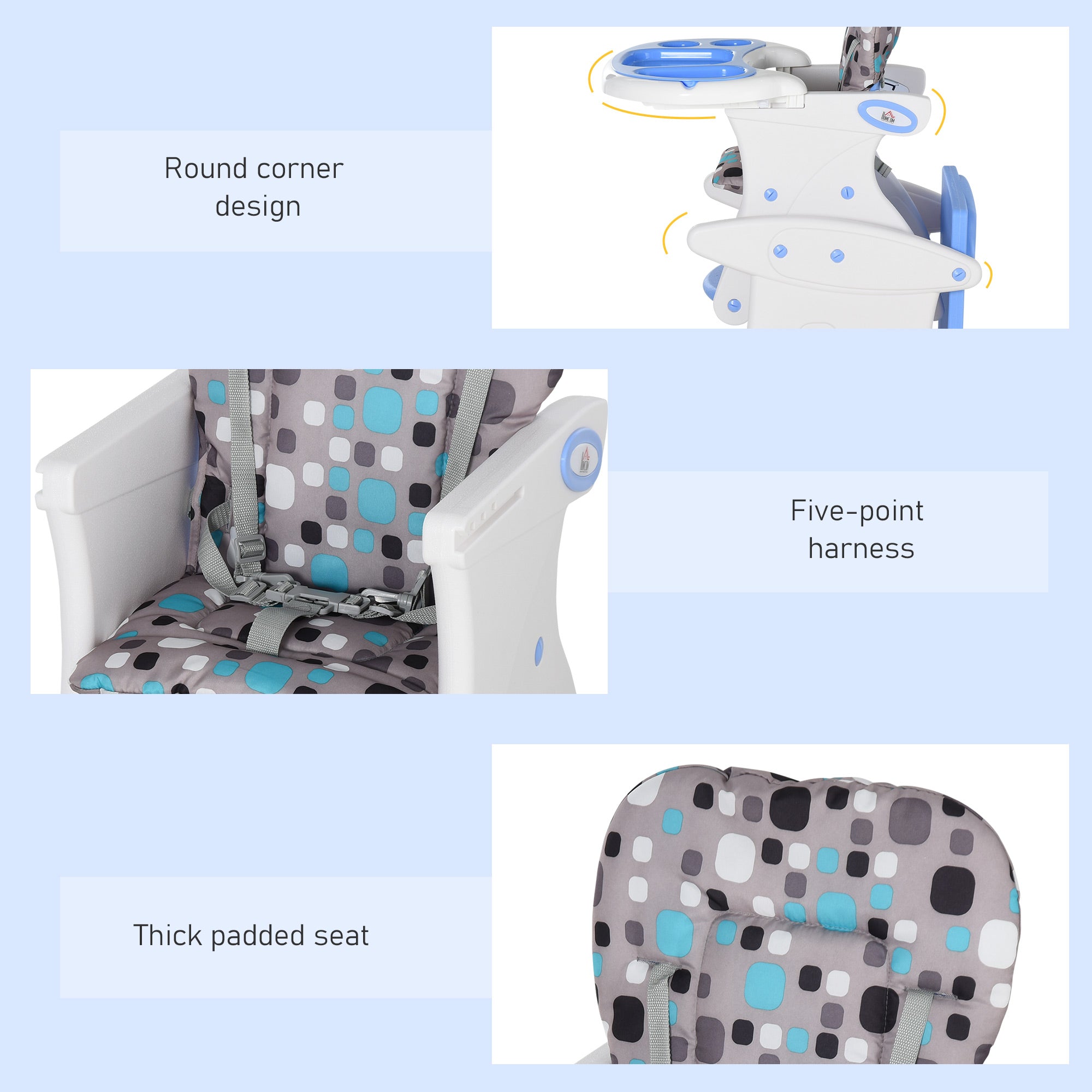 HOMCOM 2 in 1 Convertible Baby High Chair Toddler Table Chair Infant Feeding Seat Removable Food Tray Safety Harness Blue - North Peak Garden Furniture