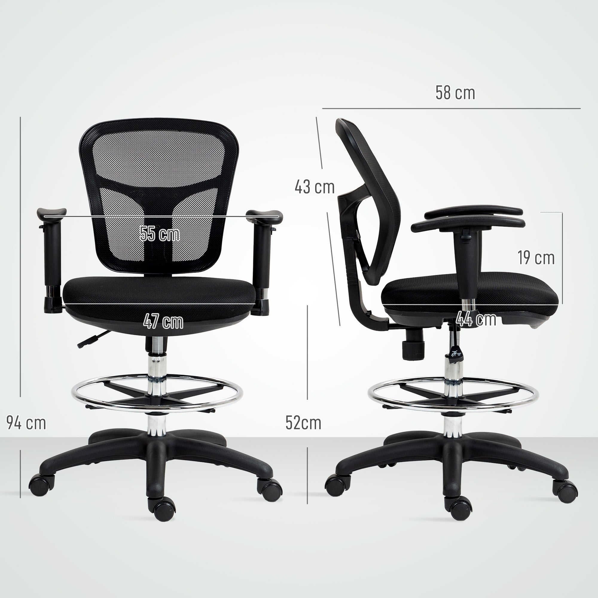 HOMCOM Drafting Chair with Adjustable Armrests, Ergonomic Mesh Office Chair with Lumbar Support, Adjustable Height and Footrest for Standing Desk, Black - North Peak Garden Furniture