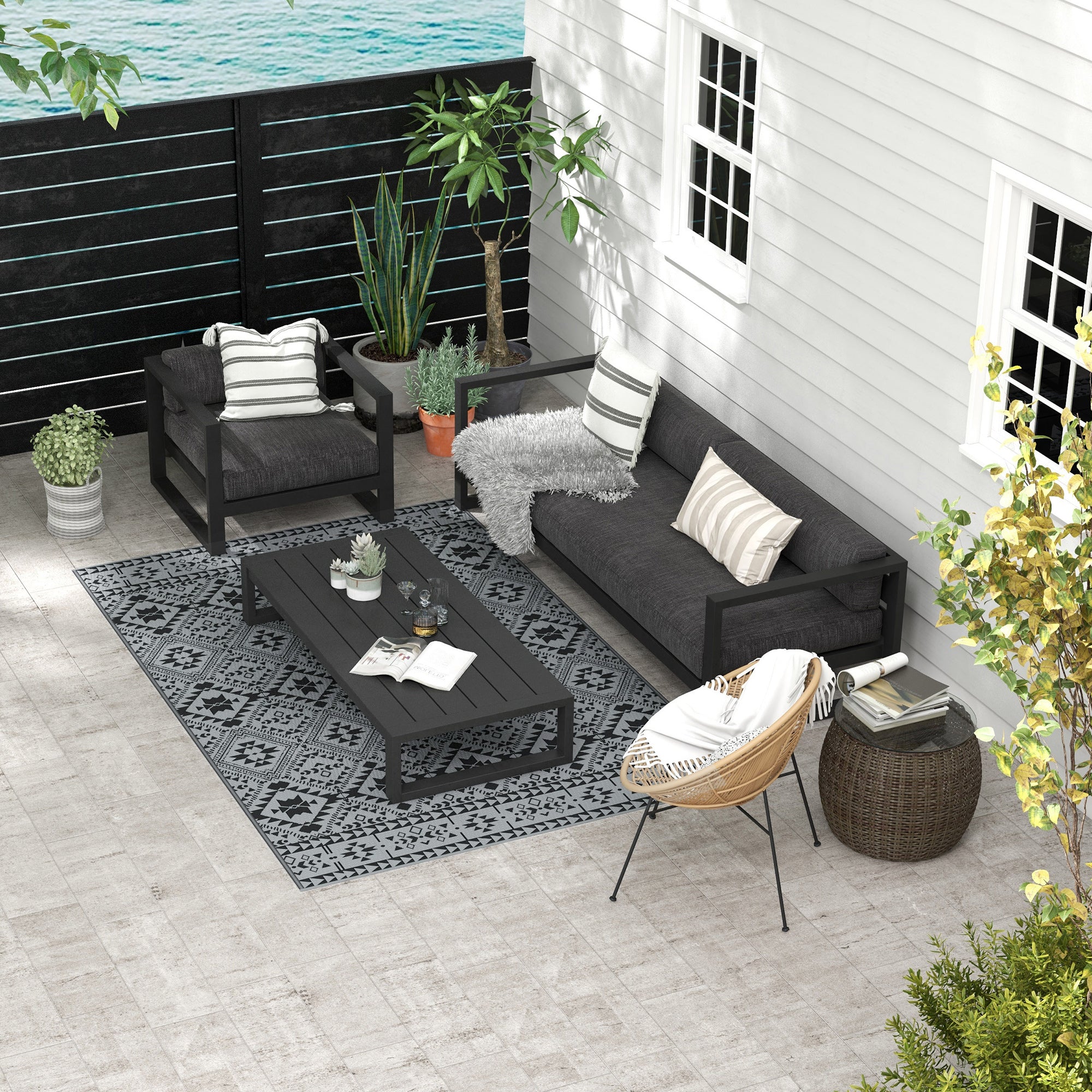 Outsunny 182 x 274cm Reversible Patterned Outdoor Rug, with Bag - Black/Grey - North Peak Garden Furniture