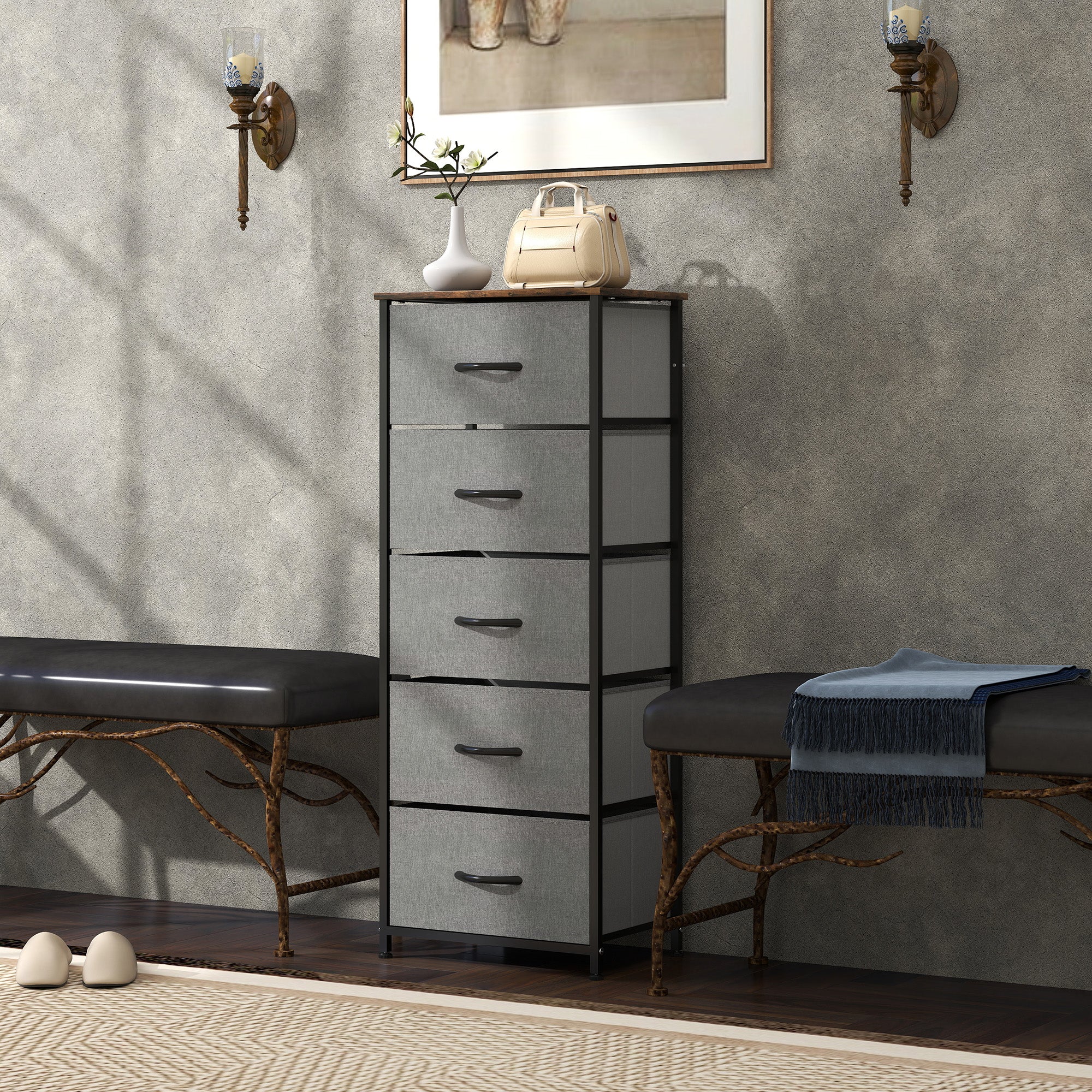 HOMCOM Fabric Chest of Drawers, Industrial Bedroom Dresser with 5 Fabric Drawers, Steel Frame and Wooden Top for Nursery, Living Room, Hallway, Rustic Brown and Grey