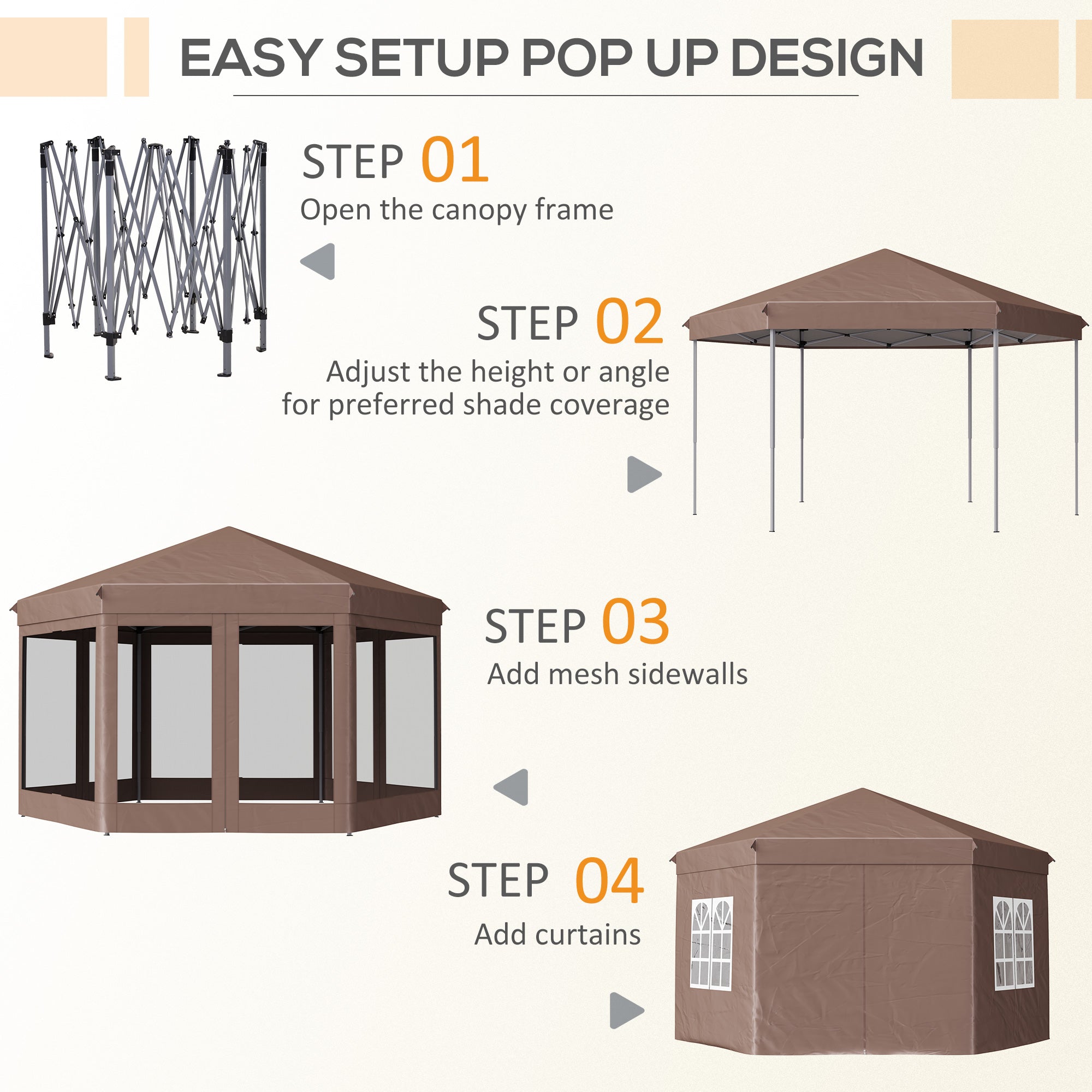 Outsunny 4m x 4m Hexagonal Metal Frame Garden Gazebo Brown