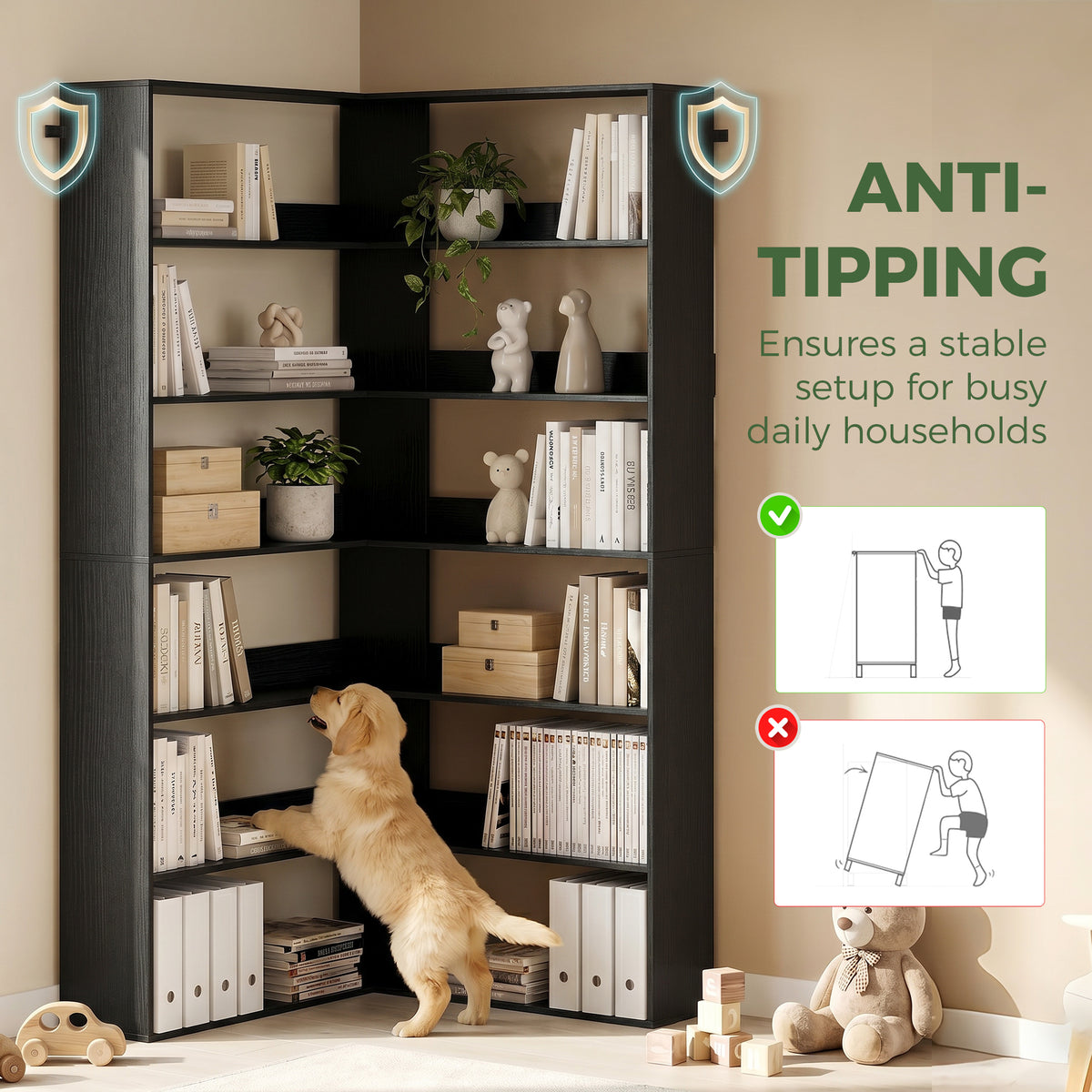 HOMCOM 7 Tiers Bookshelf, L-Shaped Corner Bookcase with Anti-Slip Rear Guard, Black Wood Effect