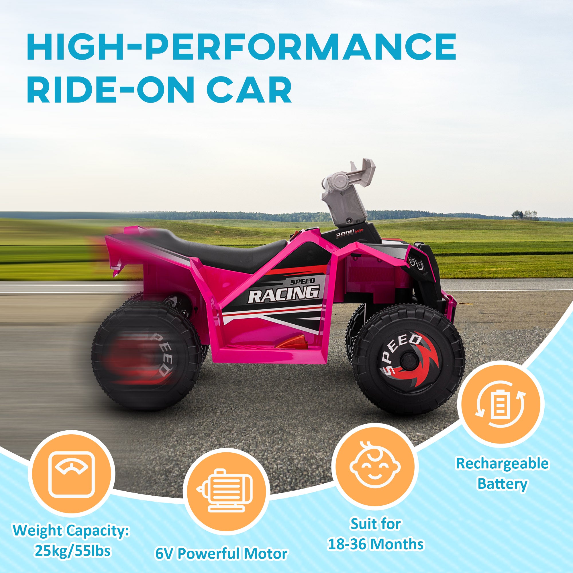 HOMCOM 6V Quad Bike with Wear-Resistant Wheels, Forward Backward Function, for Ages 18-36 Months, Pink