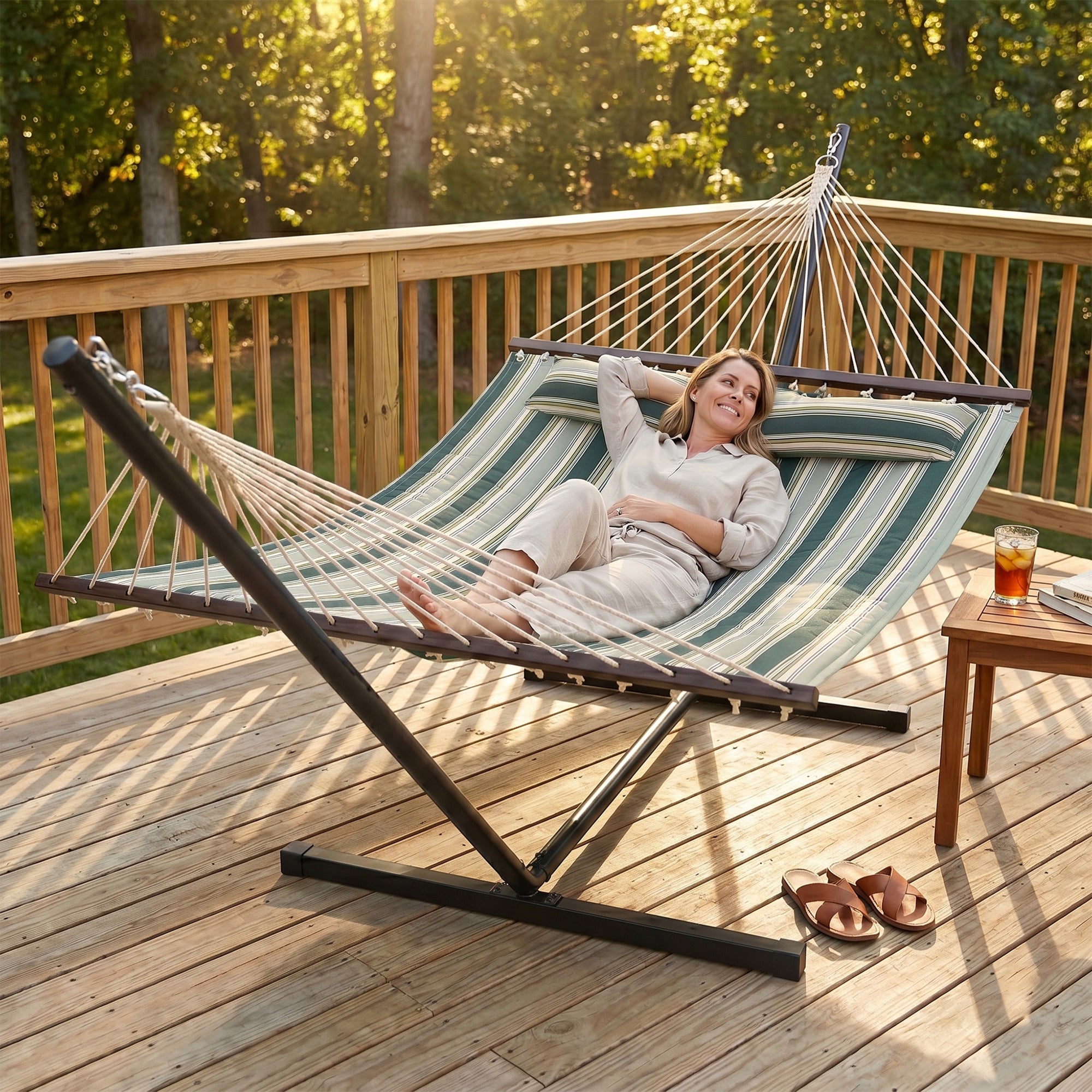 Outsunny Outdoor Hammock with Stand Detachable Pillow Striped Swing Steel Frame, for Garden, Patio, Green