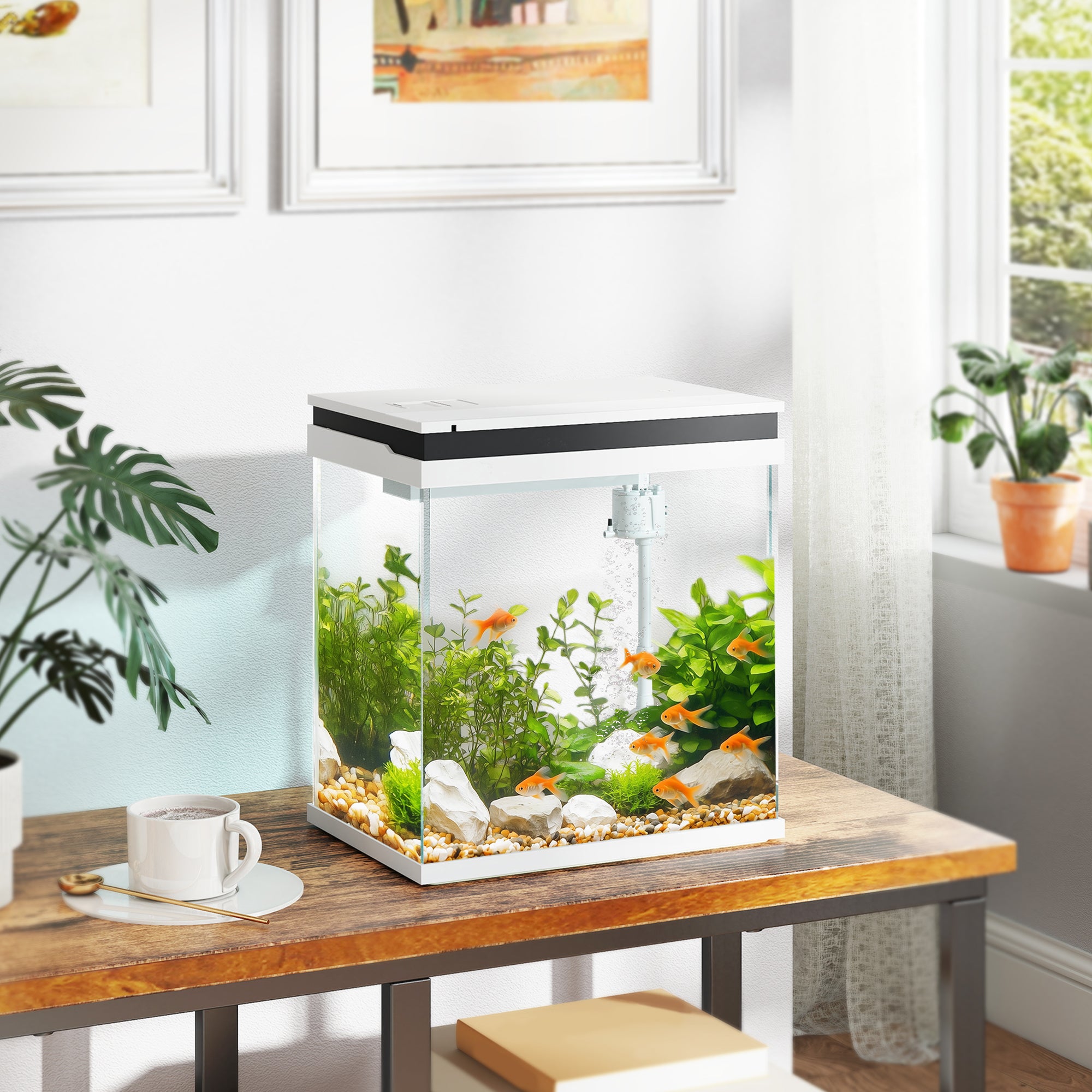 PawHut 14L Glass Fish Tank with Filter System, LED Lights, Water Pump, White - North Peak Garden Furniture
